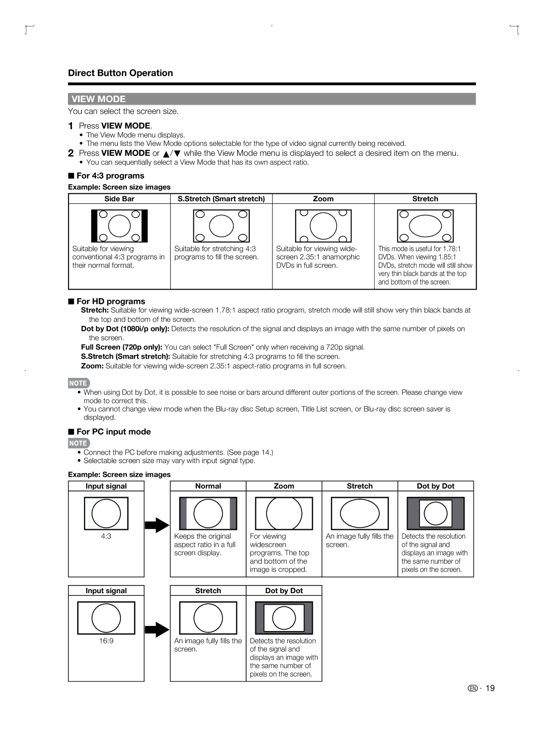 Sharp LC-52BD80U You can select the screen size, Press View Mode, For 43 programs, For HD programs, For PC input mode 