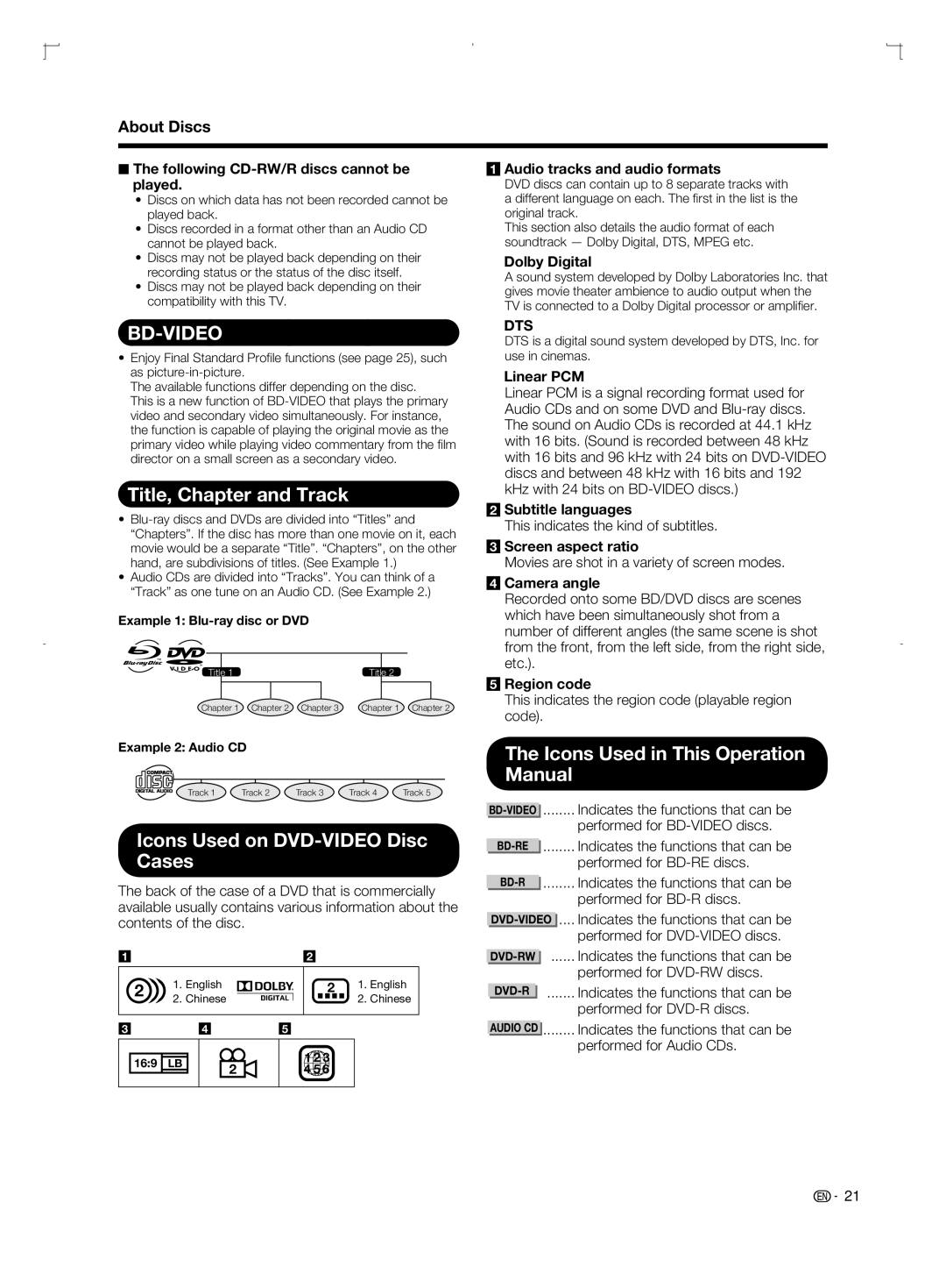 Sharp LC-46BD80U, LC-52BD80U, LC-42BD80U Title, Chapter and Track, Icons Used on DVD-VIDEO Disc Cases, About Discs, Dts 