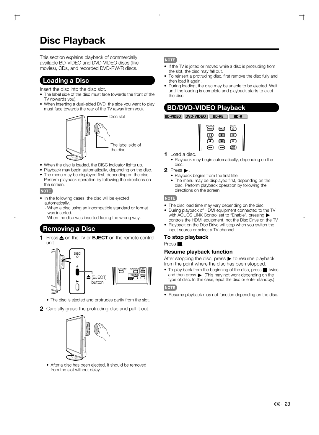 Sharp LC-42BD80U, LC-52BD80U, LC-46BD80U Disc Playback, Loading a Disc, Removing a Disc, BD/DVD-VIDEO Playback 