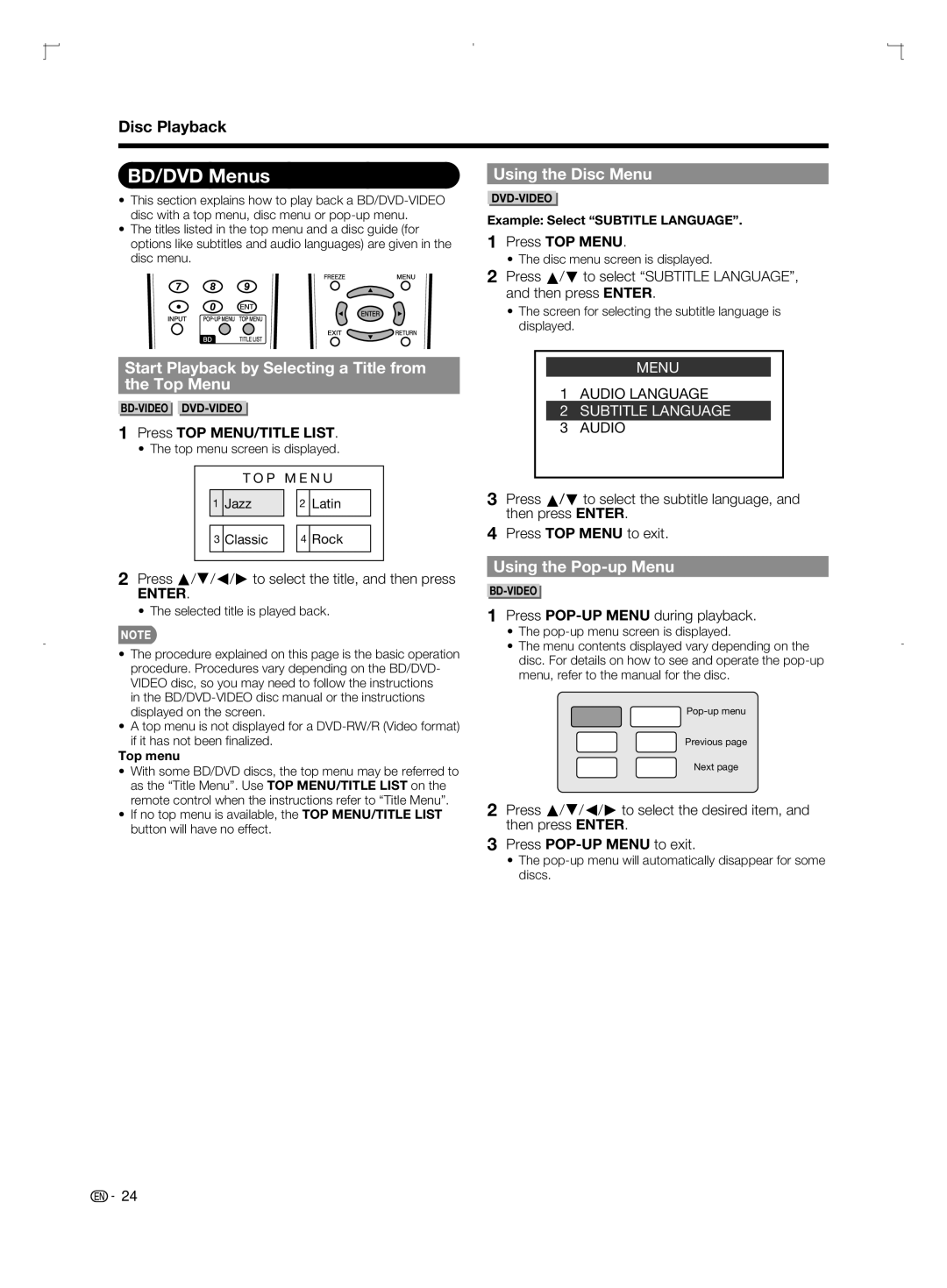 Sharp LC-46BD80U BD/DVD Menus, Disc Playback, Using the Disc Menu, Start Playback by Selecting a Title from Top Menu 