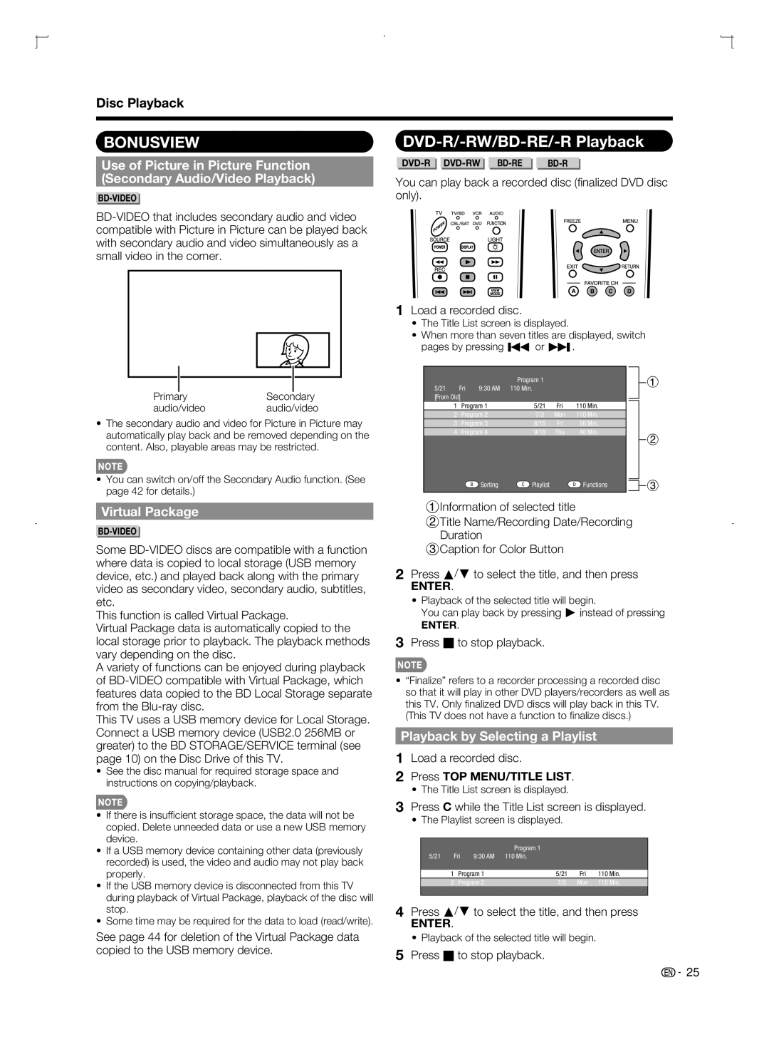 Sharp LC-52BD80U DVD-R/-RW/BD-RE/-R Playback, Virtual Package, Playback by Selecting a Playlist, Press Hto stop playback 