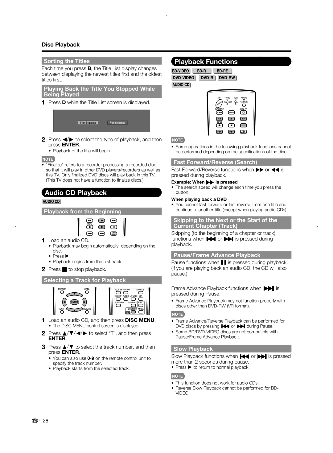 Sharp LC-42BD80U, LC-52BD80U, LC-46BD80U operation manual Audio CD Playback, Playback Functions 