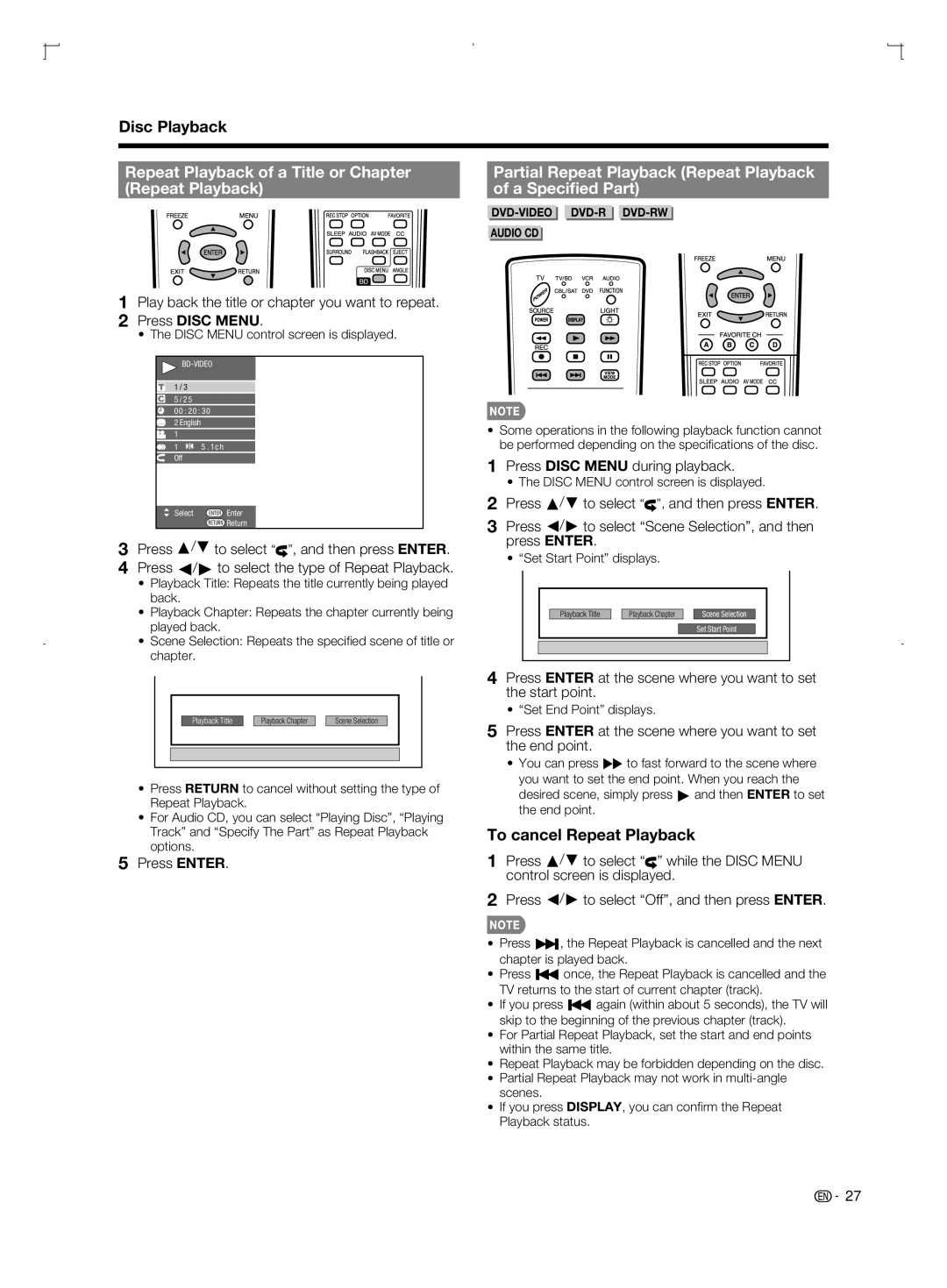 Sharp LC-46BD80U Repeat Playback of a Title or Chapter, Partial Repeat Playback Repeat Playback A Speciﬁed Part 