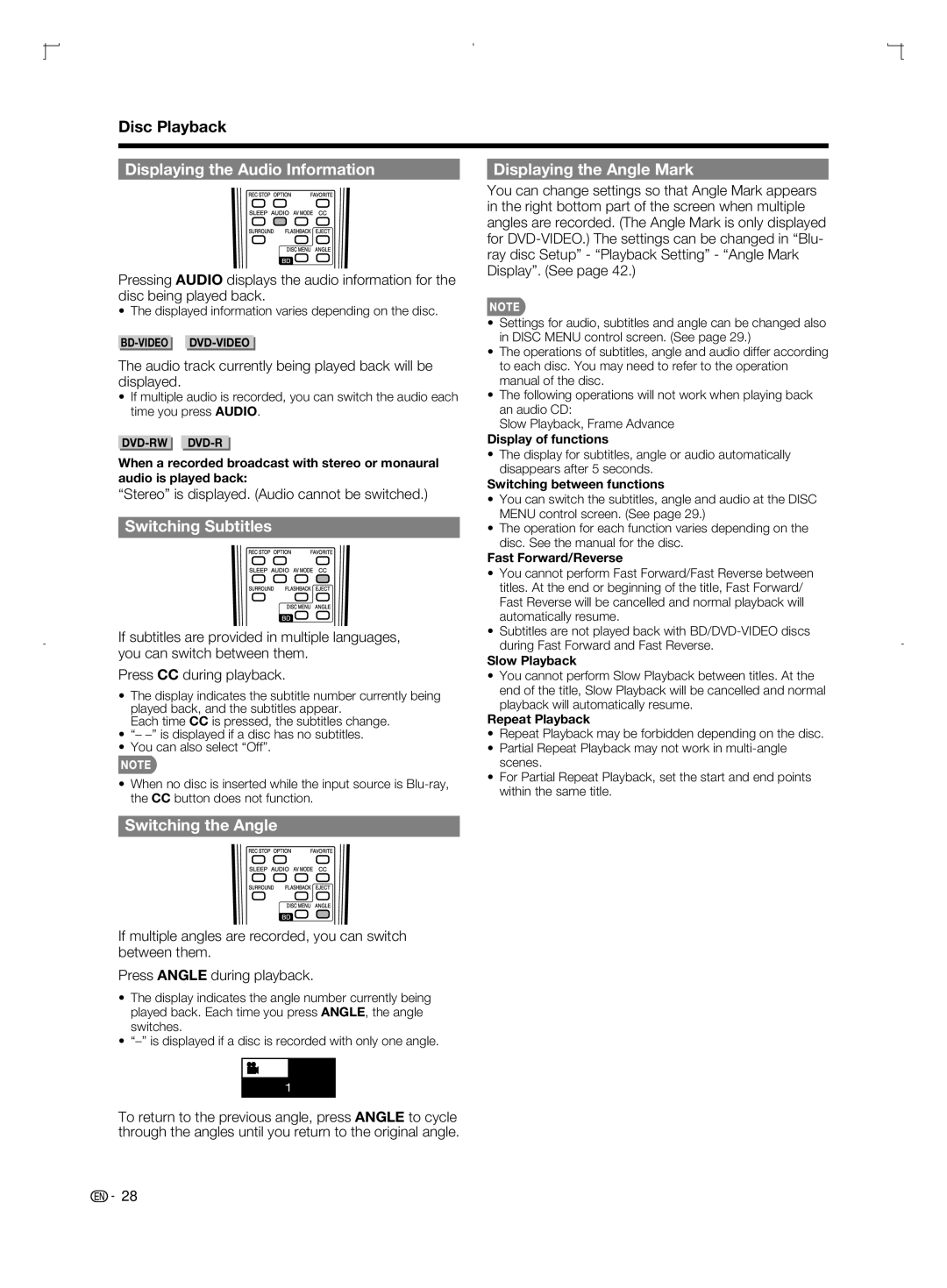 Sharp LC-52BD80U Displaying the Audio Information, Displaying the Angle Mark, Switching Subtitles, Switching the Angle 