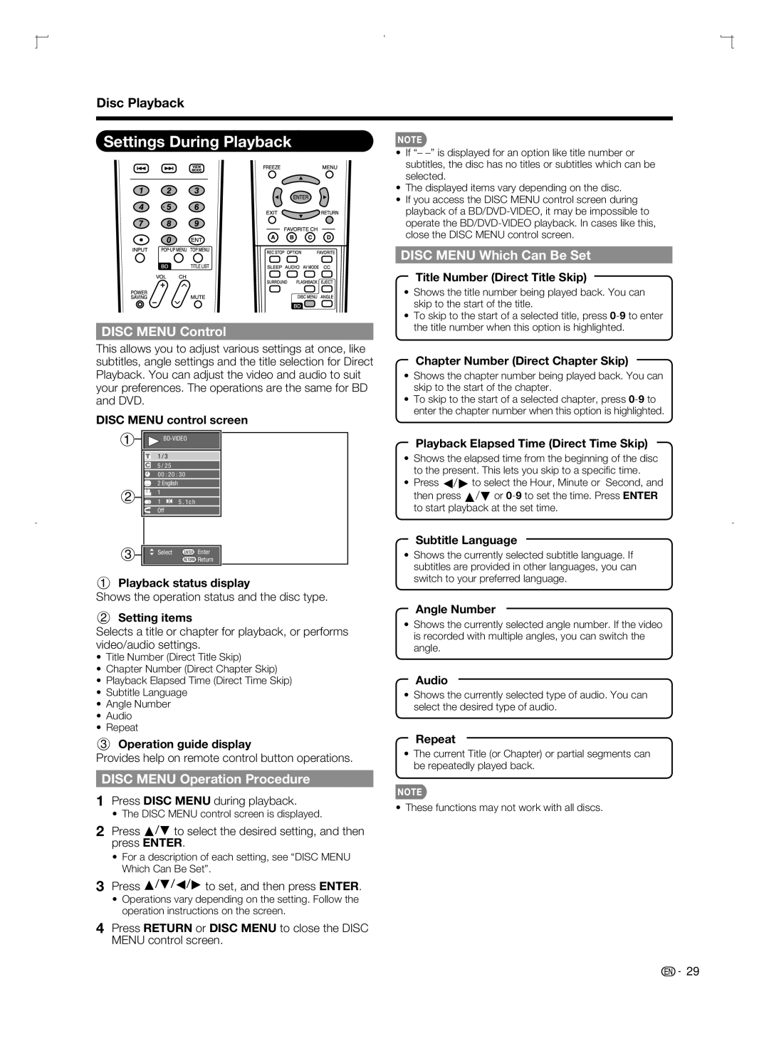 Sharp LC-42BD80U Settings During Playback, Disc Menu Control, Disc Menu Operation Procedure, Disc Menu Which Can Be Set 