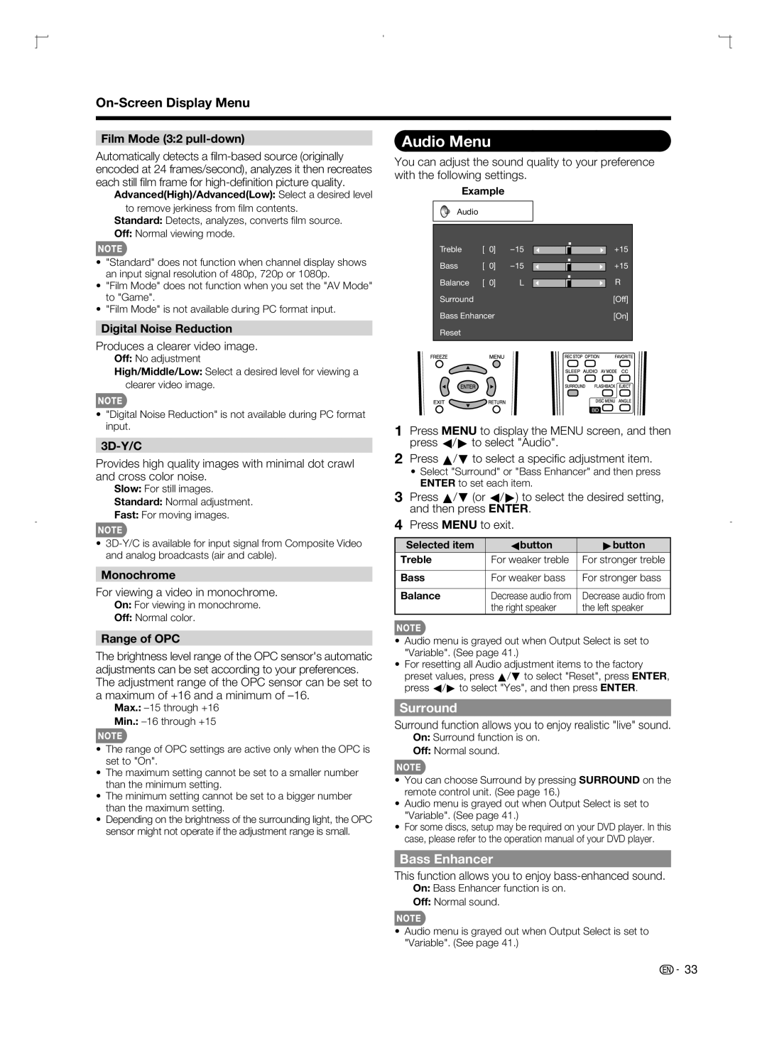 Sharp LC-46BD80U, LC-52BD80U, LC-42BD80U operation manual Audio Menu, Surround, Bass Enhancer 