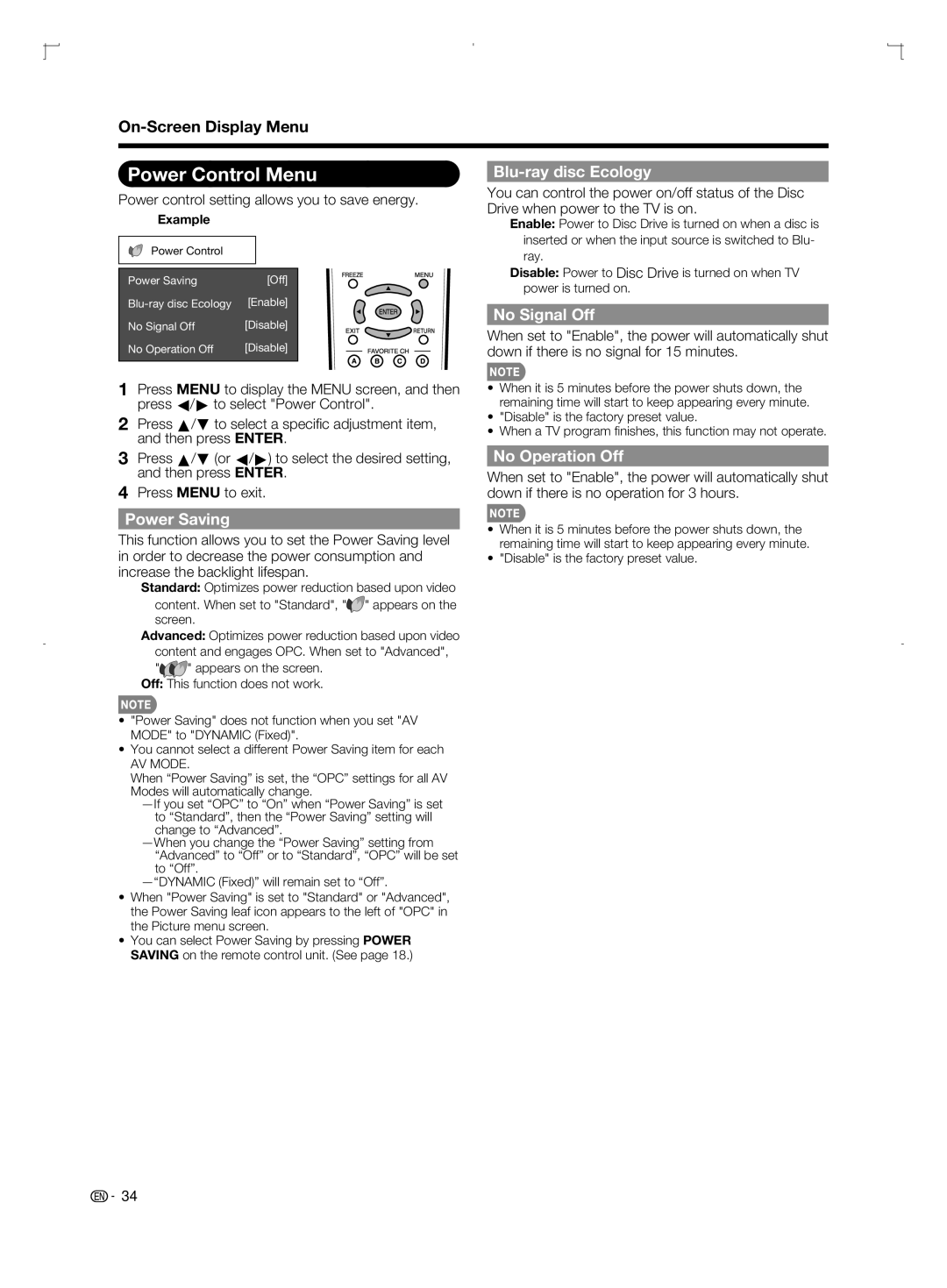 Sharp LC-52BD80U, LC-42BD80U Power Control Menu, Blu-ray disc Ecology, No Signal Off, Power Saving, No Operation Off 