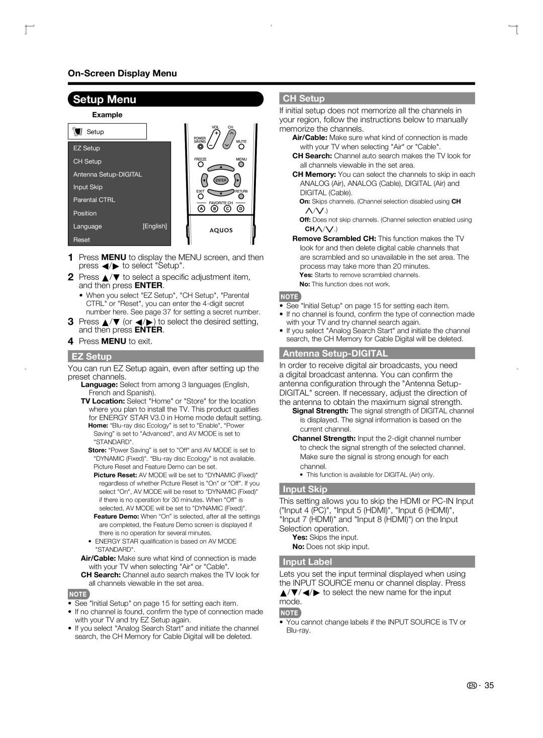 Sharp LC-42BD80U, LC-52BD80U, LC-46BD80U operation manual Setup Menu 