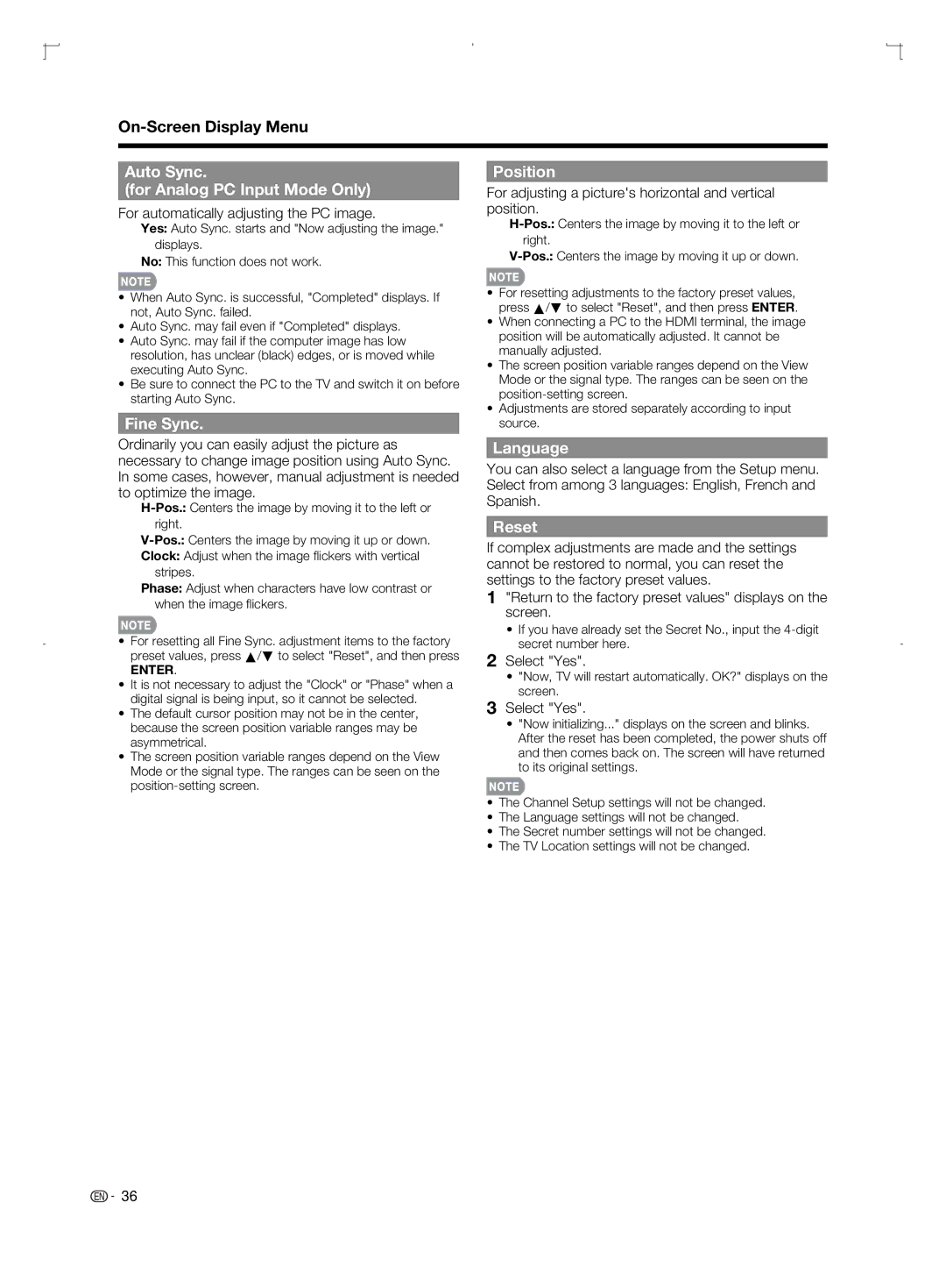 Sharp LC-46BD80U, LC-52BD80U, LC-42BD80U Auto Sync For Analog PC Input Mode Only, Fine Sync, Position, Language, Reset 