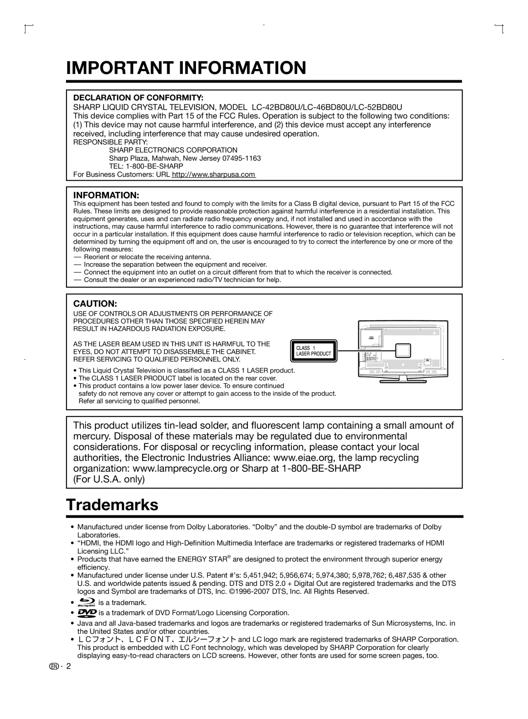 Sharp LC-42BD80U, LC-52BD80U, LC-46BD80U operation manual Trademarks, Declaration of Conformity 