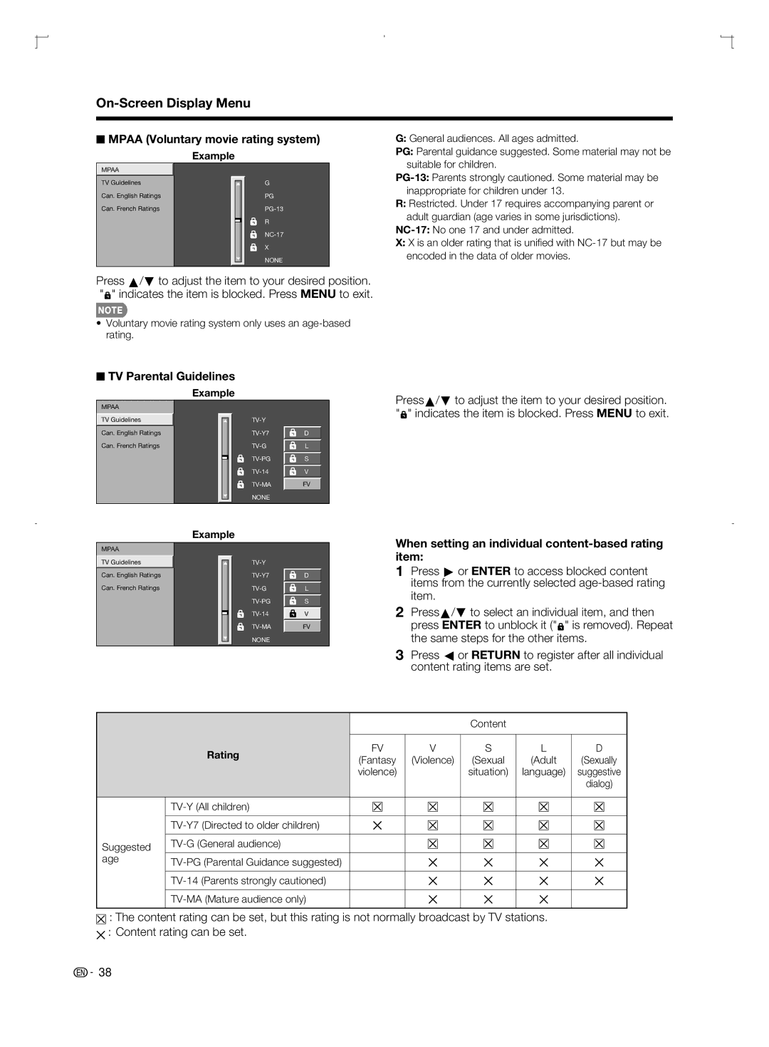 Sharp LC-42BD80U, LC-52BD80U, LC-46BD80U operation manual Mpaa Voluntary movie rating system, TV Parental Guidelines, Rating 