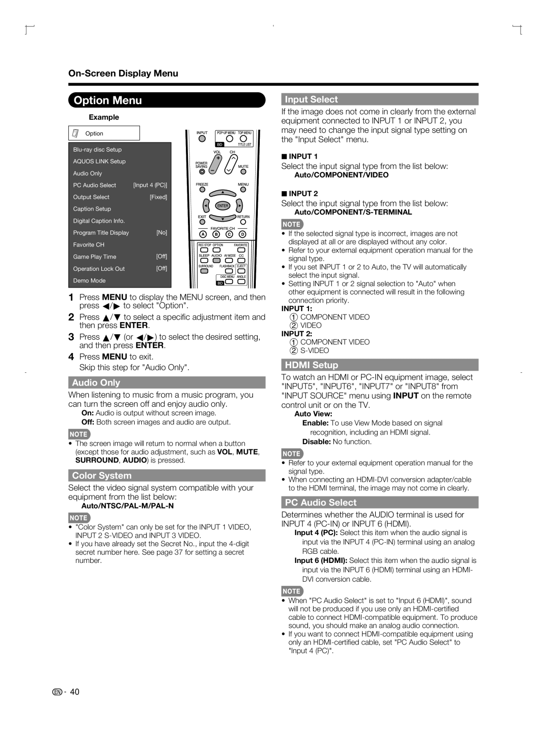 Sharp LC-52BD80U, LC-42BD80U, LC-46BD80U operation manual Option Menu 