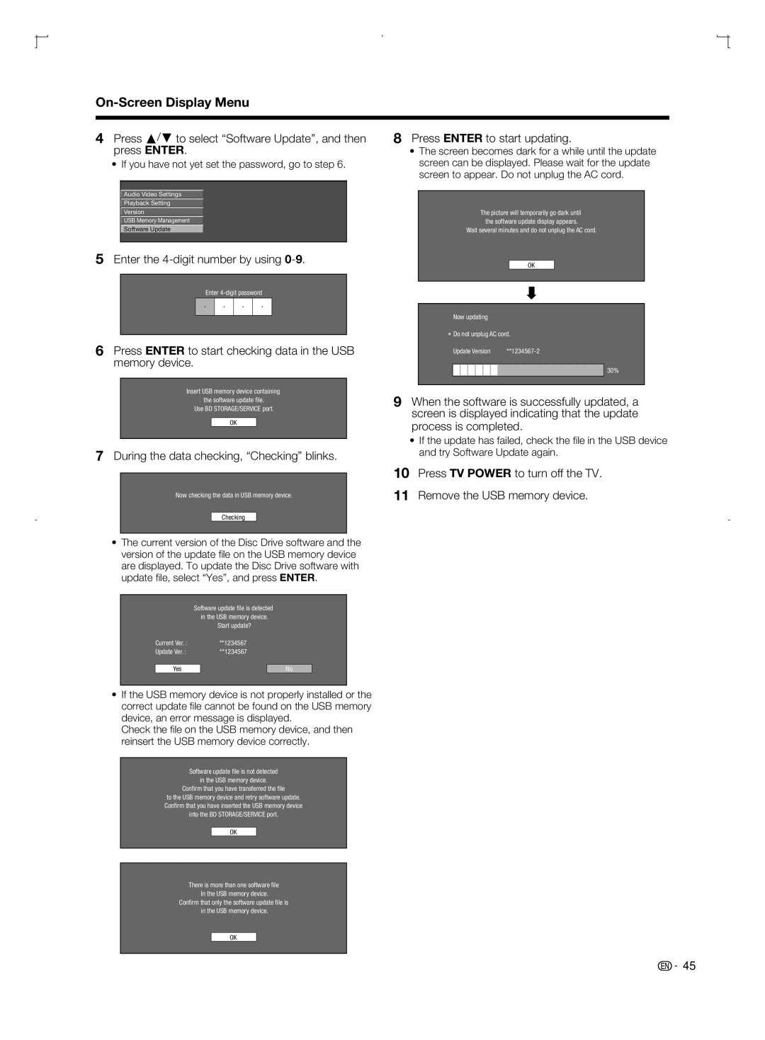 Sharp LC-46BD80U, LC-52BD80U Press a/b to select Software Update, and then press Enter, Enter the 4-digit number by using 