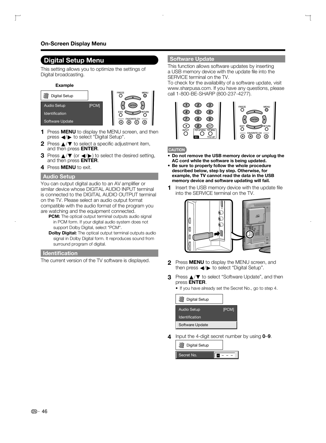 Sharp LC-52BD80U, LC-42BD80U, LC-46BD80U operation manual Digital Setup Menu, Audio Setup, Identiﬁcation, Software Update 