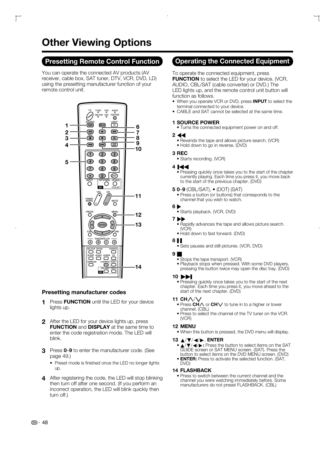 Sharp LC-46BD80U, LC-52BD80U Other Viewing Options, Presetting Remote Control Function, Presetting manufacturer codes 