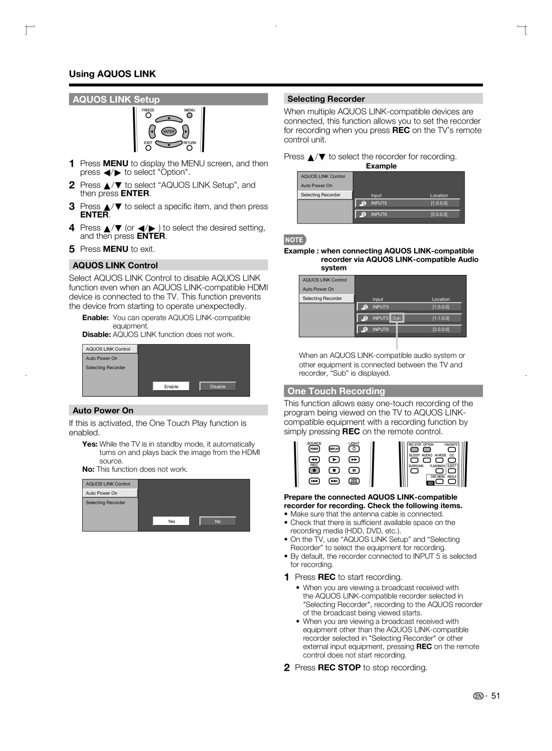 Sharp LC-46BD80U, LC-52BD80U, LC-42BD80U operation manual Using Aquos Link, Aquos Link Setup, One Touch Recording 