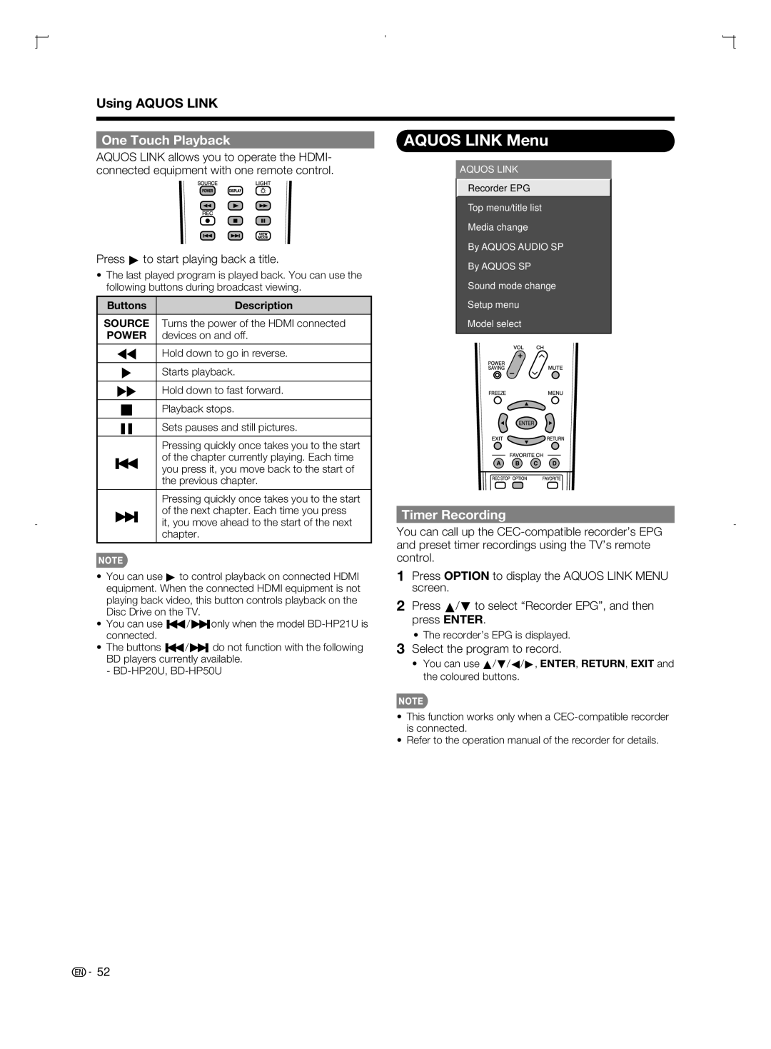 Sharp LC-52BD80U, LC-42BD80U Aquos Link Menu, One Touch Playback, Timer Recording, Press d to start playing back a title 