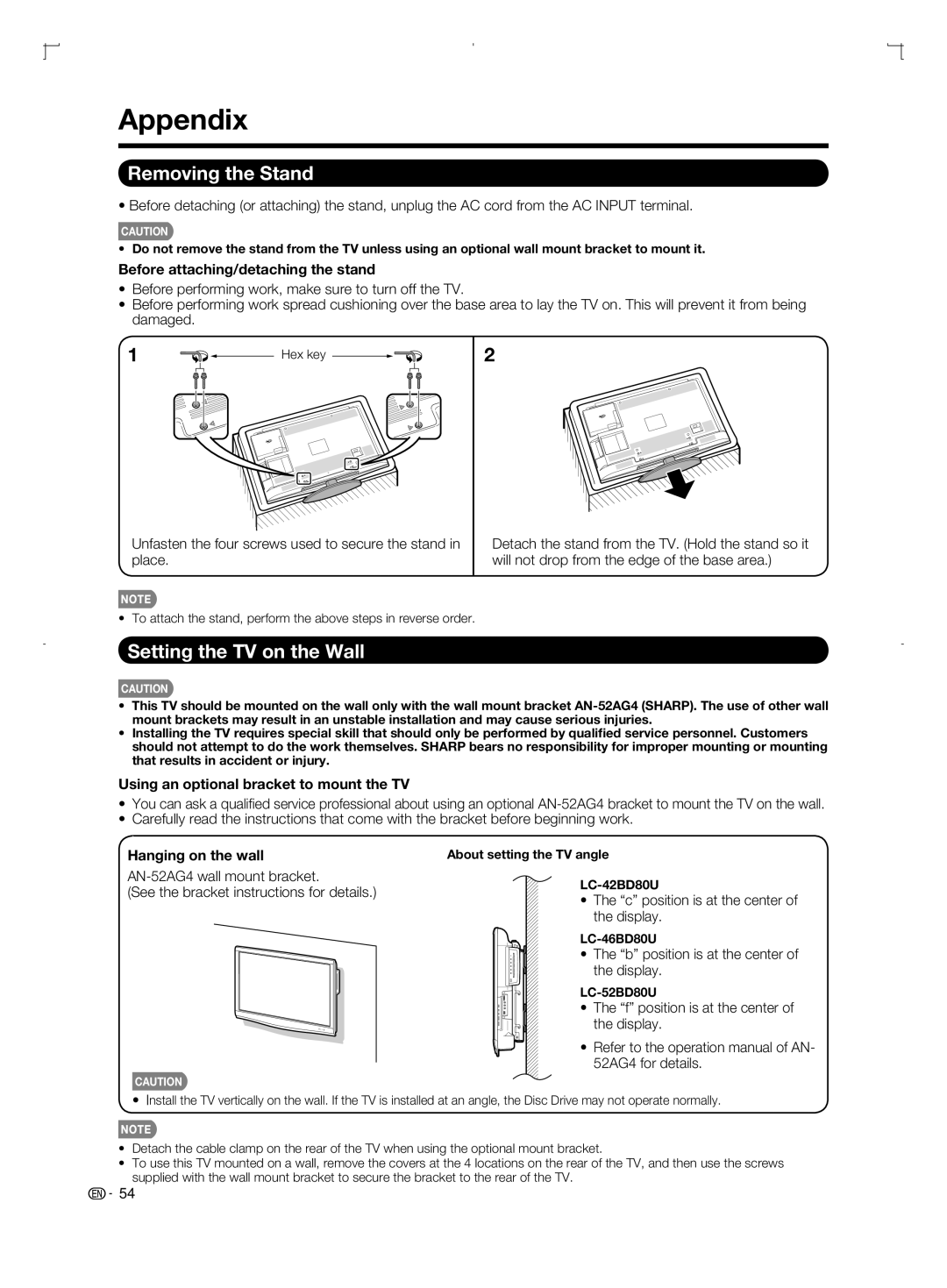 Sharp LC-46BD80U, LC-52BD80U, LC-42BD80U operation manual Appendix, Removing the Stand, Setting the TV on the Wall 