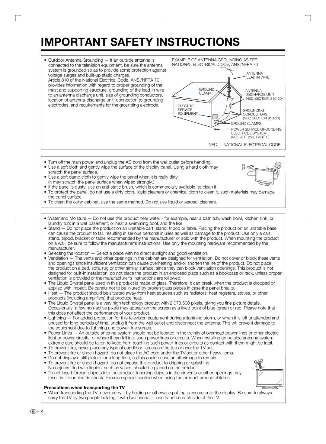 Sharp LC-52BD80U, LC-42BD80U, LC-46BD80U operation manual Precautions when transporting the TV 