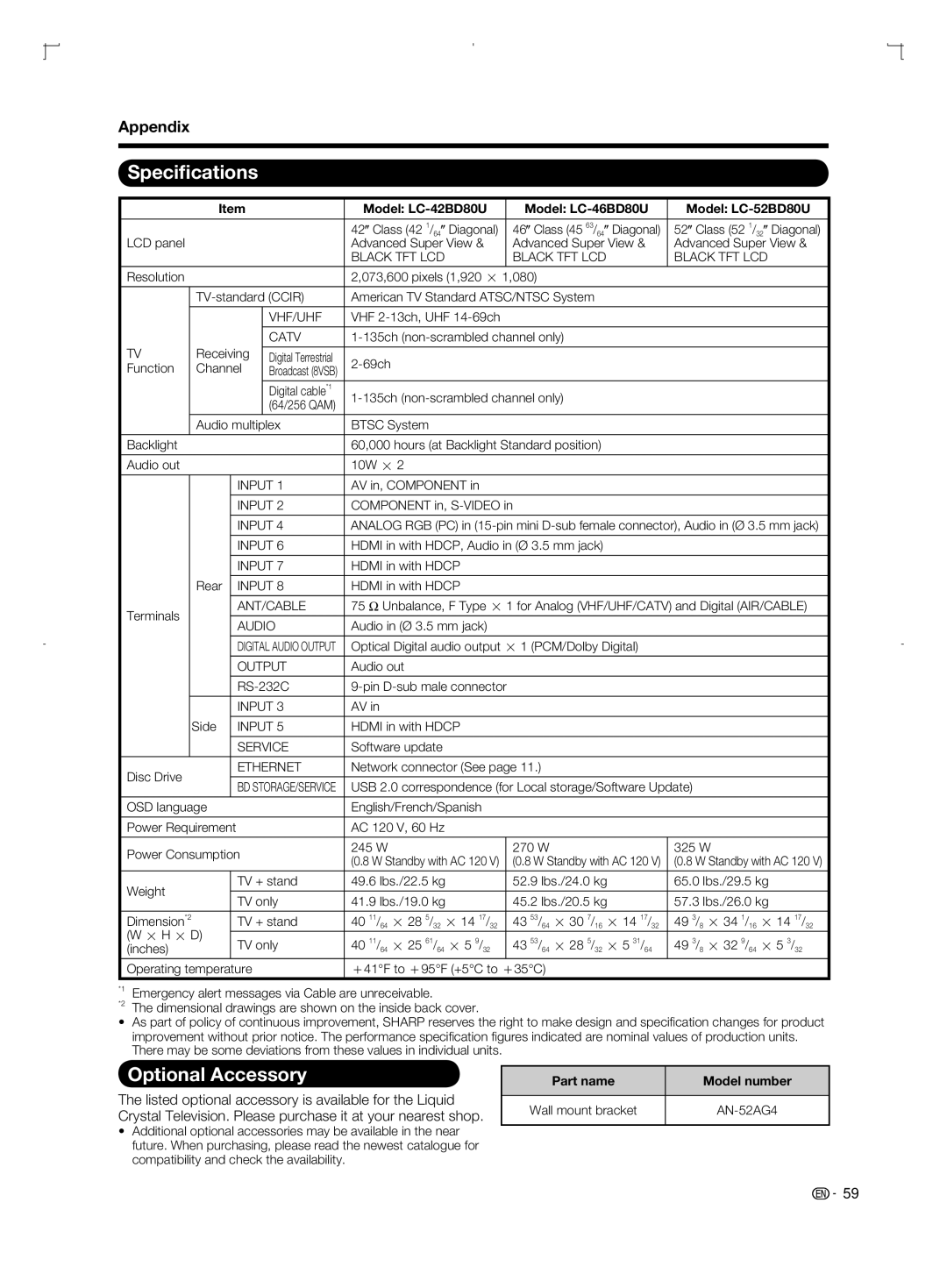 Sharp Speciﬁcations, Optional Accessory, Model LC-42BD80U Model LC-46BD80U Model LC-52BD80U, Part name Model number 