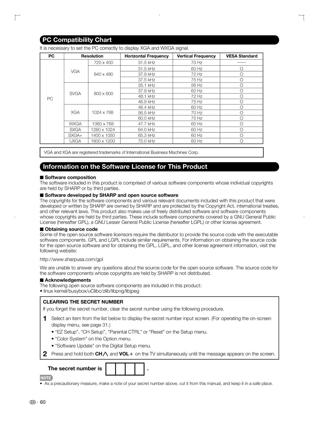 Sharp LC-46BD80U PC Compatibility Chart, Information on the Software License for This Product, Secret number is 