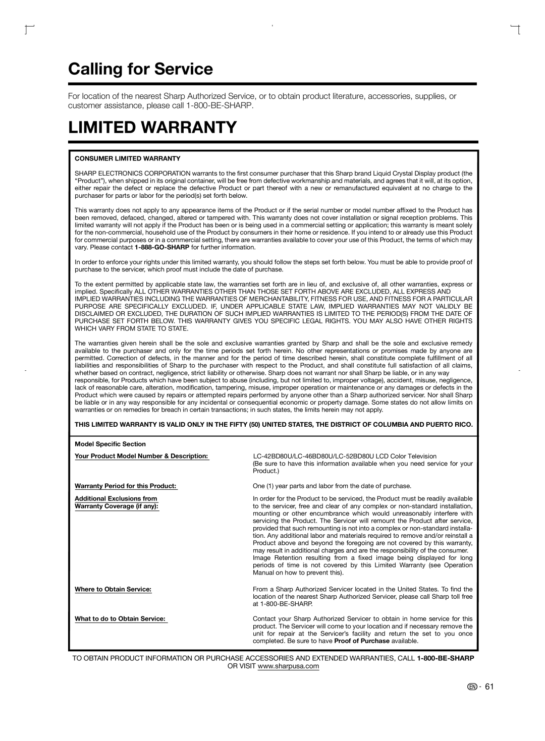 Sharp LC-52BD80U, LC-42BD80U, LC-46BD80U operation manual Calling for Service, Limited Warranty 