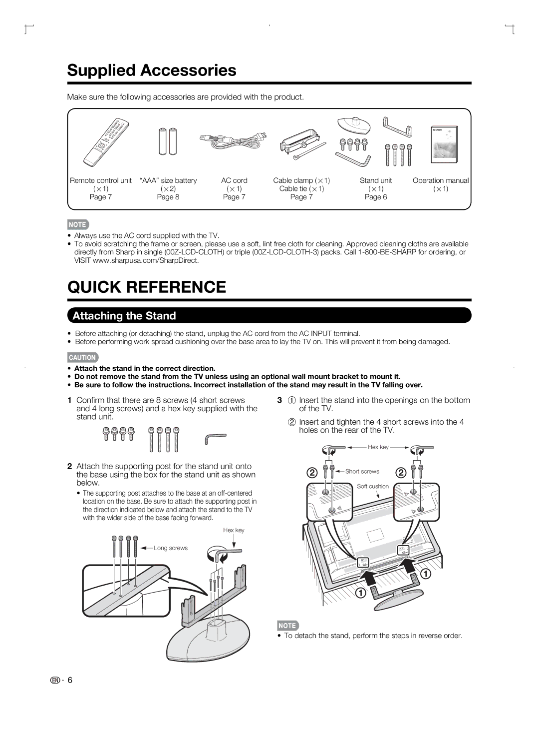 Sharp LC-46BD80U, LC-52BD80U, LC-42BD80U operation manual Supplied Accessories, Attaching the Stand, Cable clamp g1 