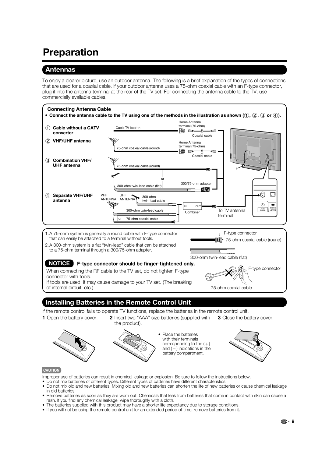 Sharp 70LE640U, LC-52C640U, 60LE640U Preparation, Installing Batteries in the Remote Control Unit, Connecting Antenna Cable 