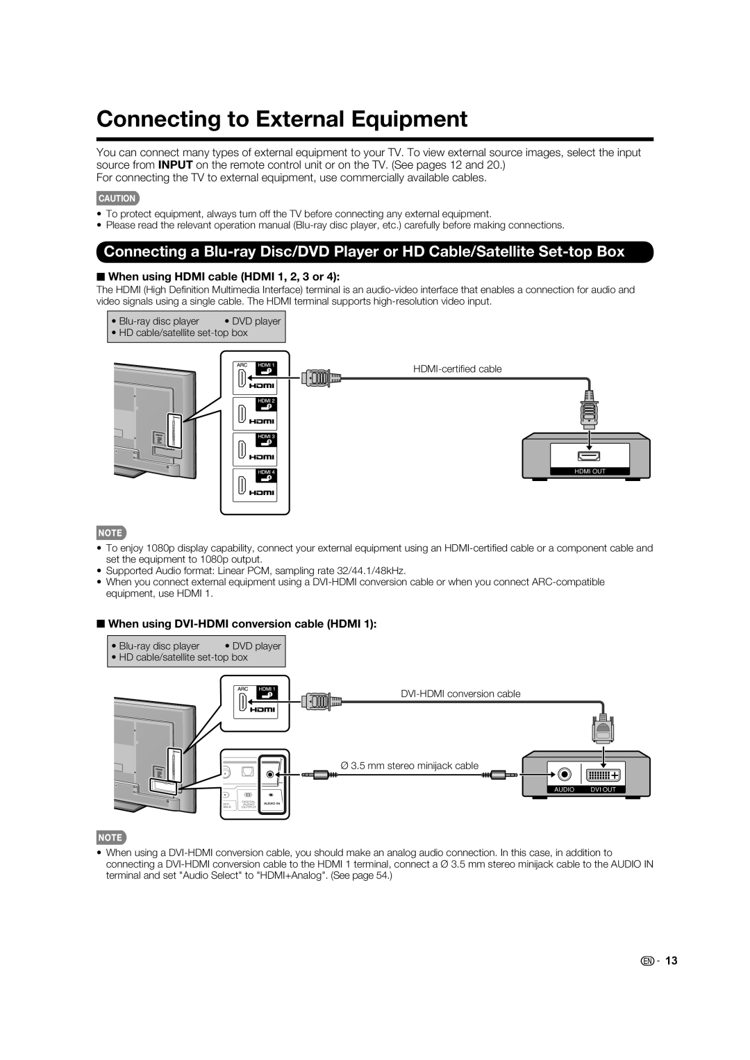 Sharp LC-60C640U, LC-52C640U, LC-70C640U, 70LE640U Connecting to External Equipment, When using Hdmi cable Hdmi 1, 2, 3 or 