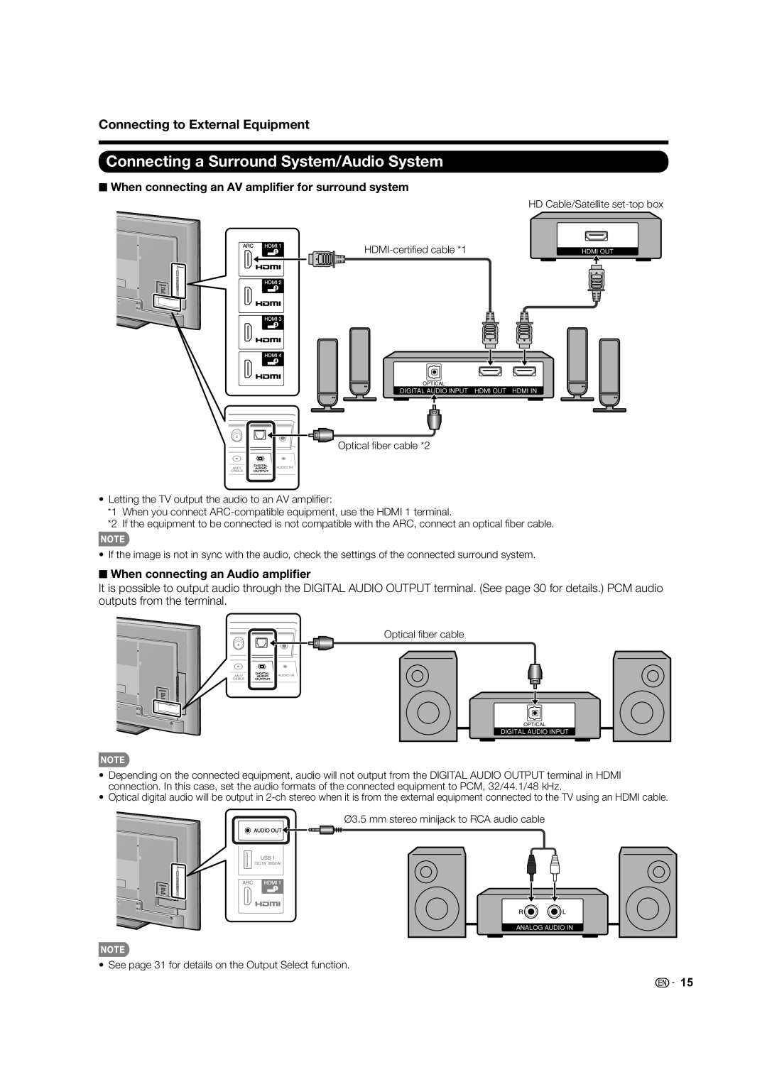 Sharp LC-80LE633U, 70LE640U Connecting a Surround System/Audio System, When connecting an AV ampliﬁer for surround system 