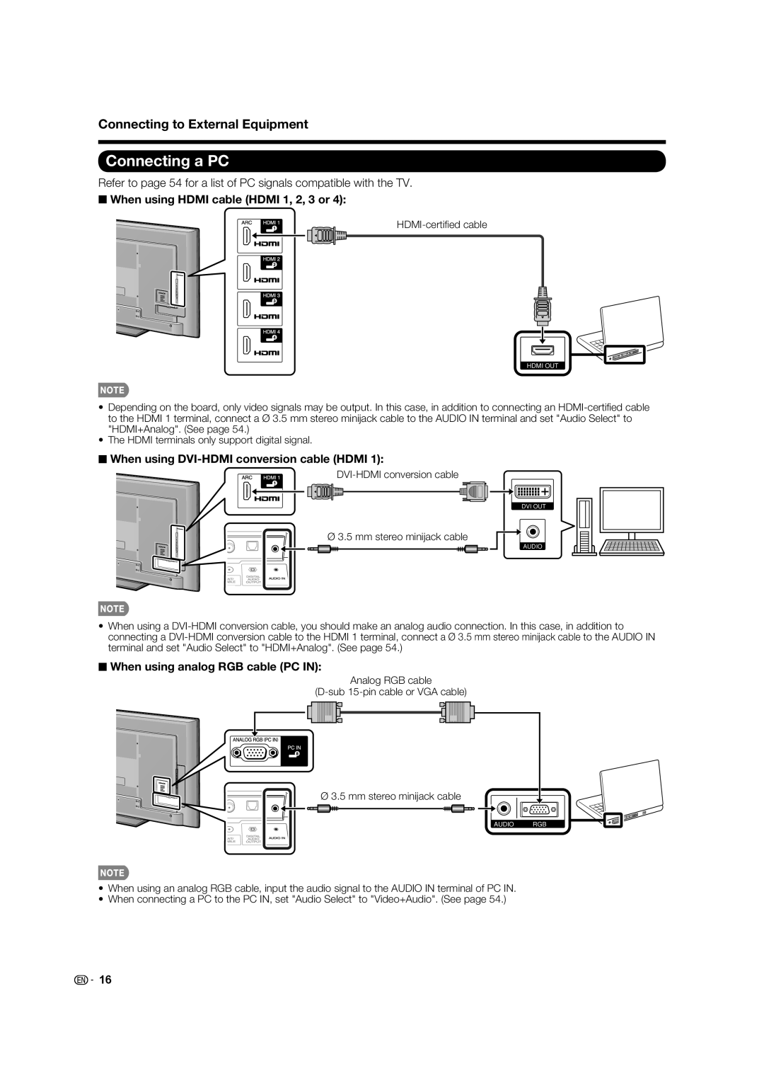 Sharp 70LE640U Connecting a PC, When using analog RGB cable PC, DVI-HDMI conversion cable Mm stereo minijack cable 