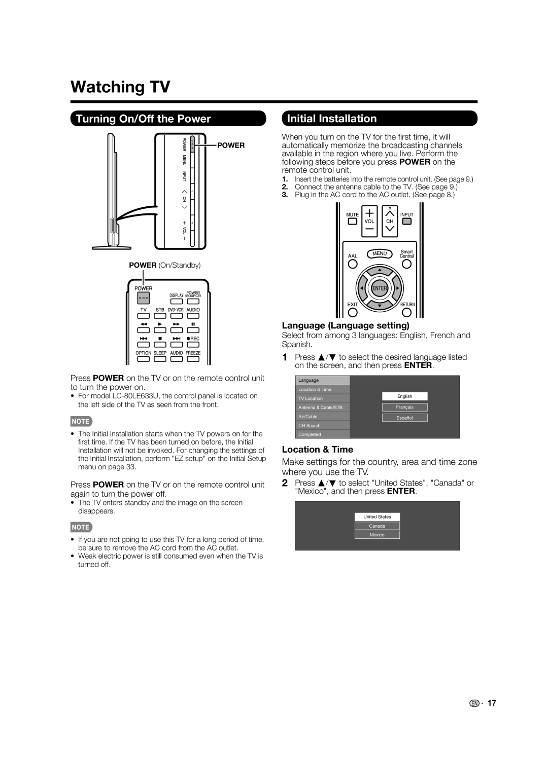 Sharp 60LE640U Watching TV, Turning On/Off the Power Initial Installation, Language Language setting, Location & Time 