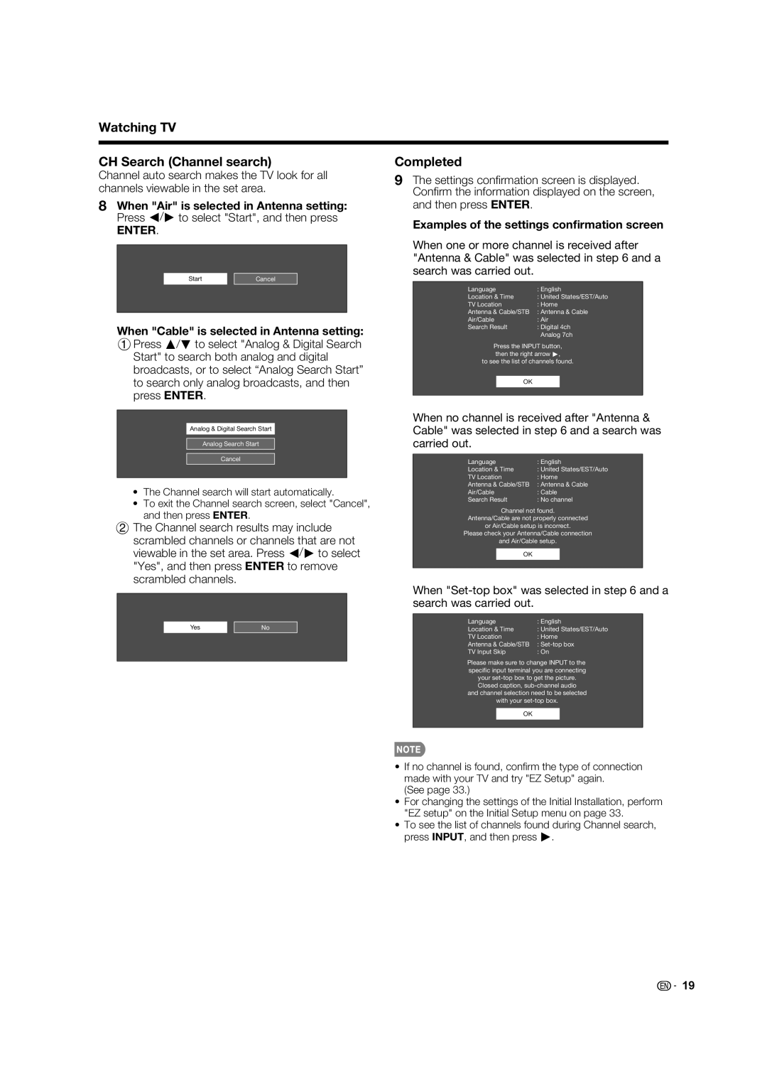 Sharp LC-52C640U, LC-60C640U Watching TV CH Search Channel search, Completed, Examples of the settings conﬁrmation screen 