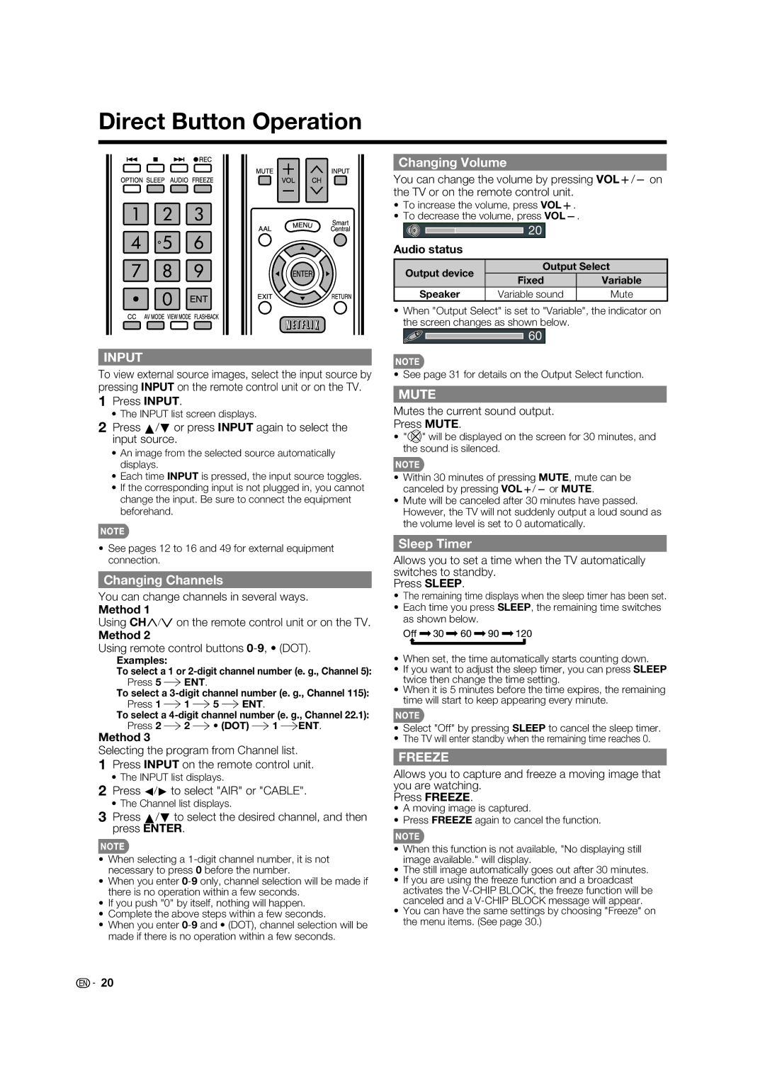 Sharp LC-60C640U, LC-52C640U, LC-70C640U, 70LE640U Direct Button Operation, Changing Channels, Changing Volume, Sleep Timer 