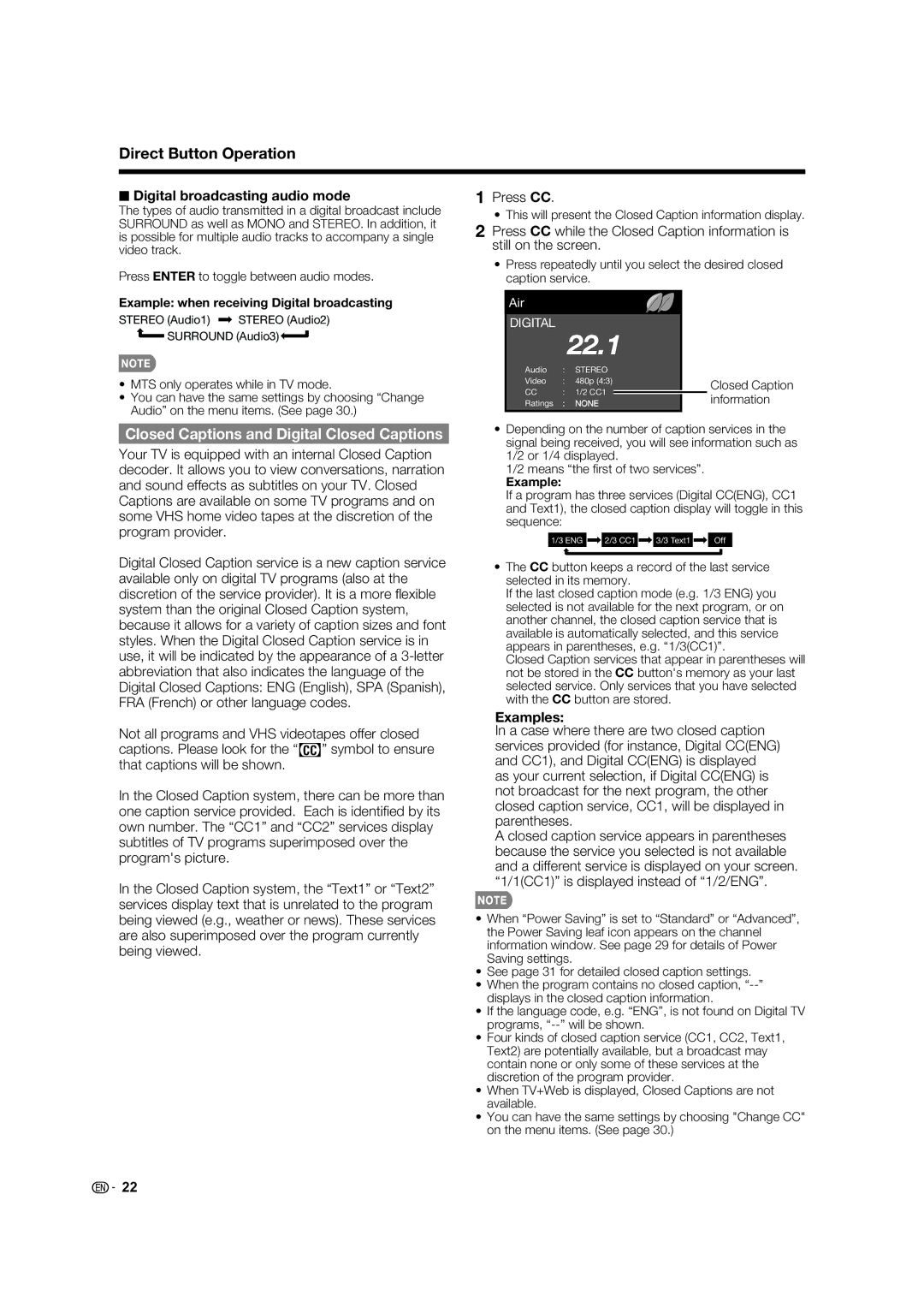 Sharp LC-80LE633U Closed Captions and Digital Closed Captions, Digital broadcasting audio mode, Press CC, Examples 