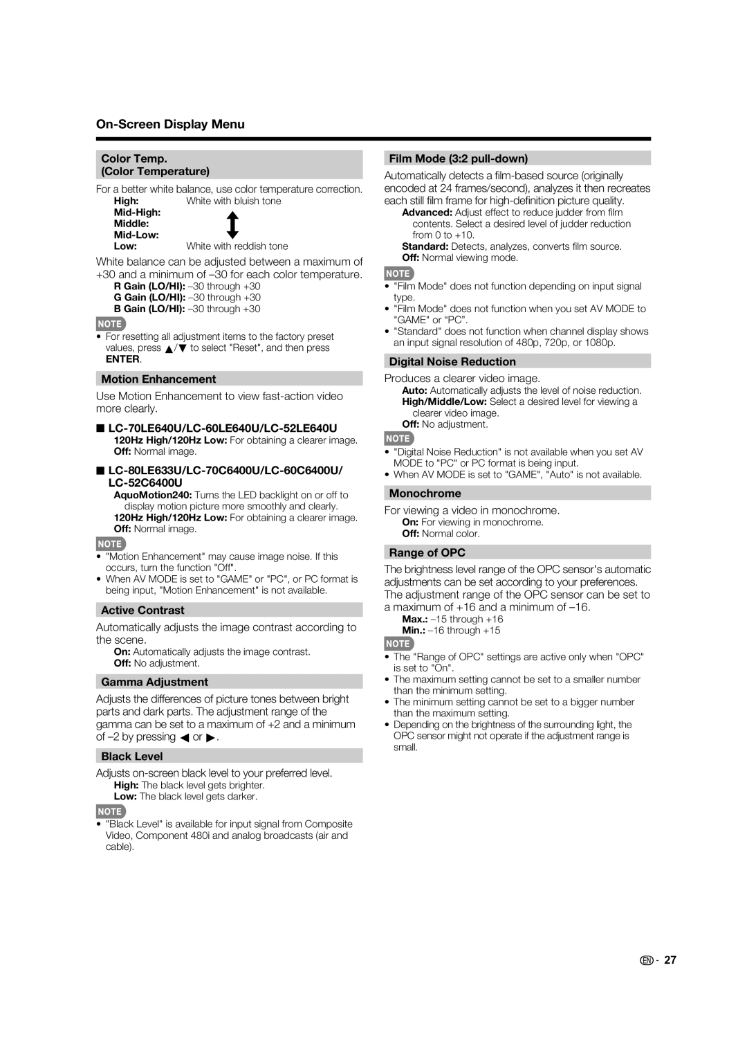 Sharp LC-60C640U Color Temp Color Temperature, Motion Enhancement, LC-70LE640U/LC-60LE640U/LC-52LE640U, Active Contrast 