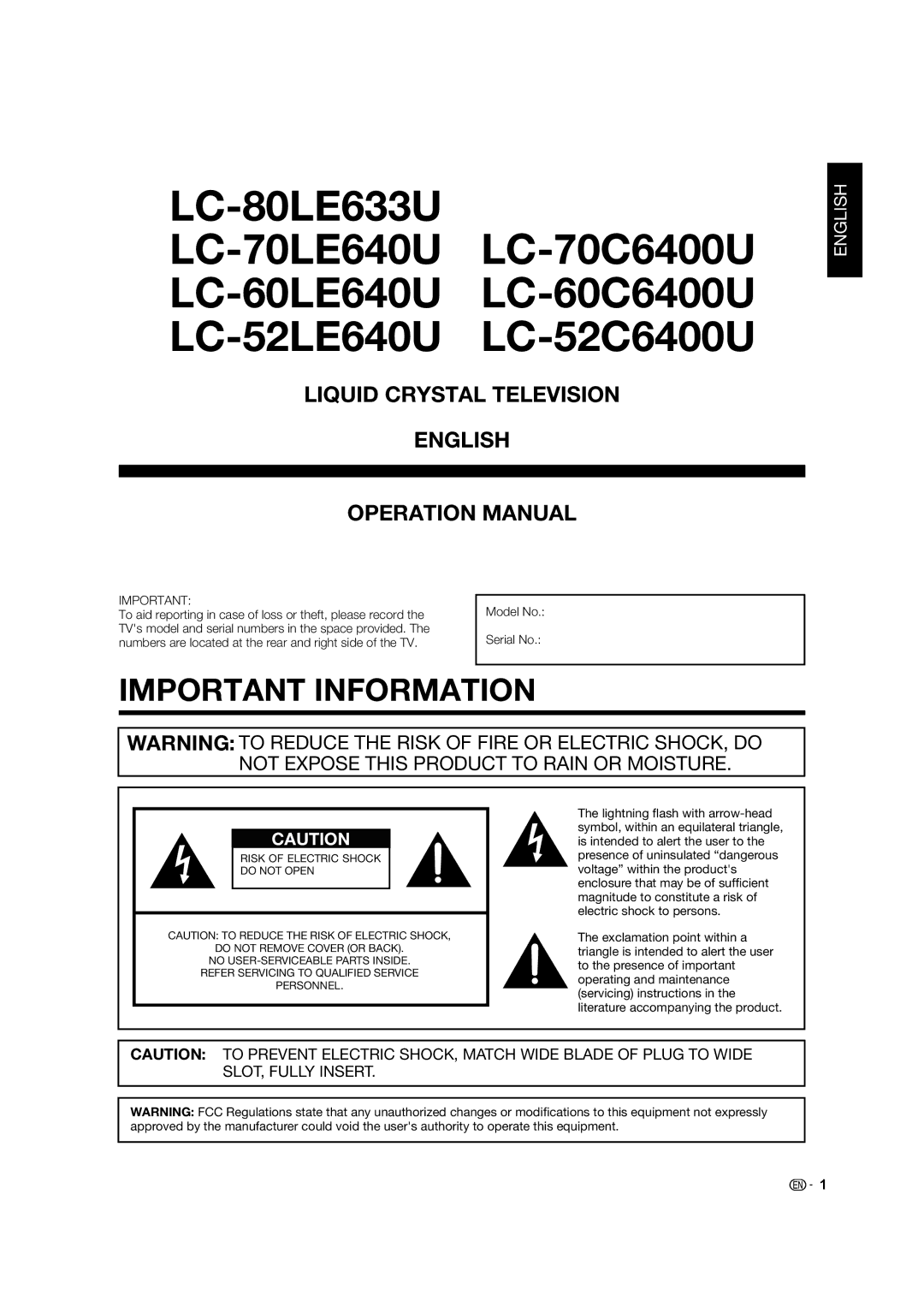 Sharp LC-80LE633U, LC-52C640U, LC-60C640U, LC-70C640U Model No, To aid reporting in case of loss or theft, please record 