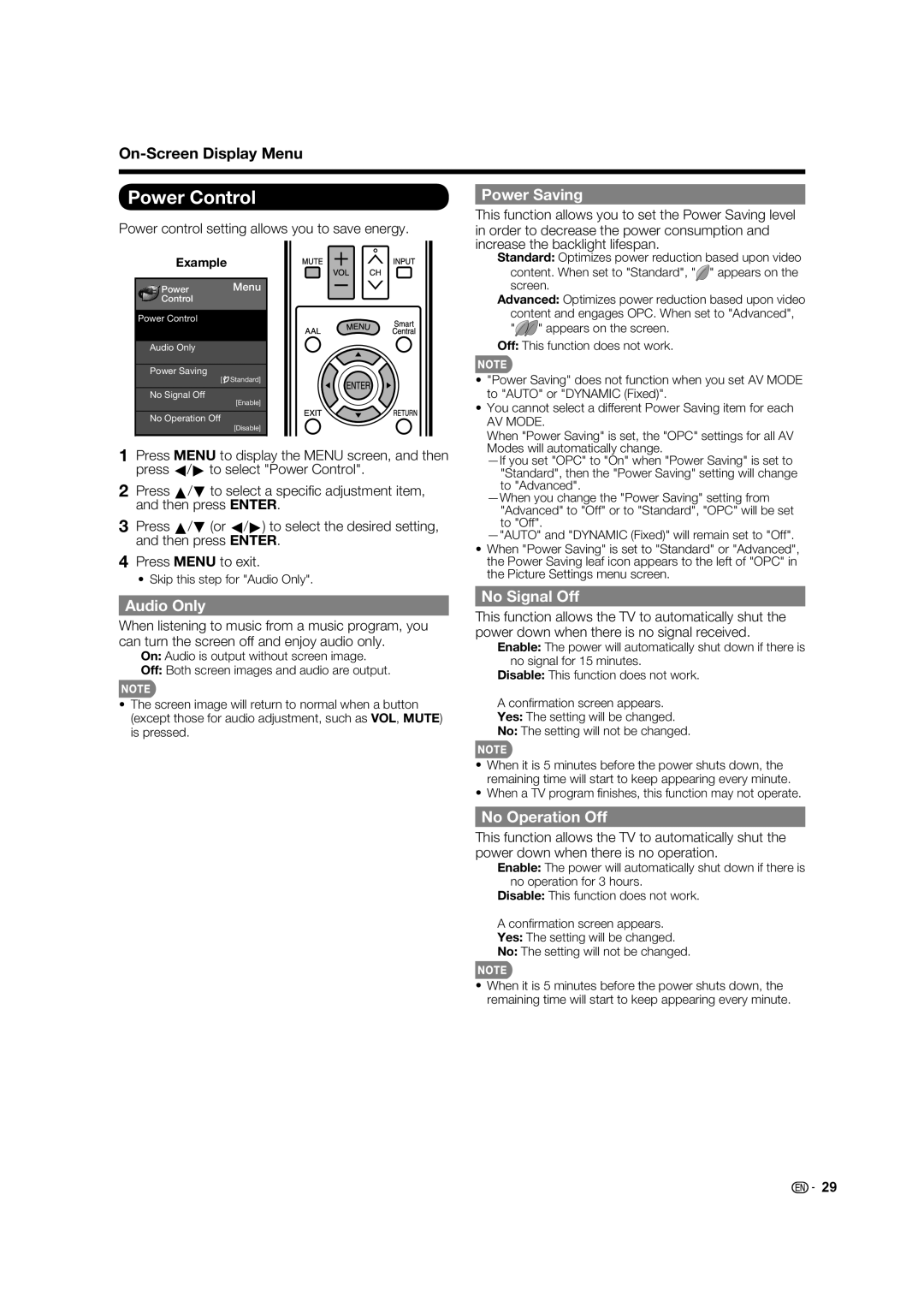 Sharp LC-80LE633U, LC-52C640U, LC-60C640U, 70LE640U Power Control, Power Saving, Audio Only, No Signal Off, No Operation Off 