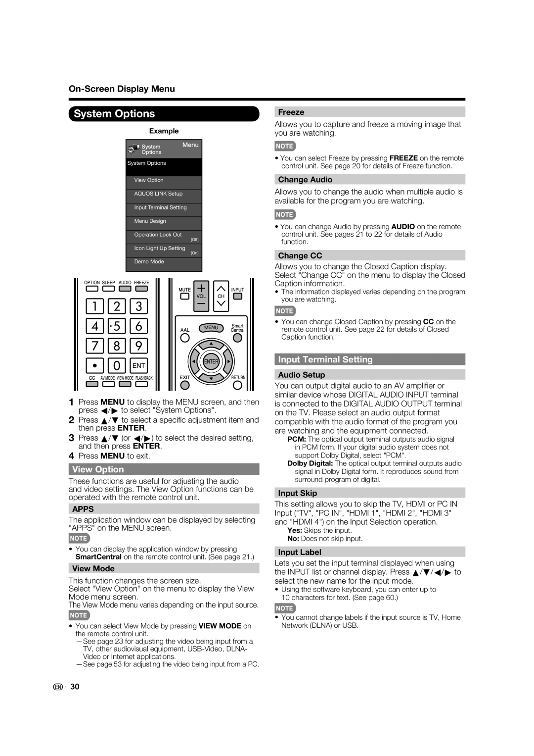 Sharp 70LE640U, LC-52C640U, LC-60C640U, LC-70C640U, LC-80LE633U, 60LE640U System Options, View Option, Input Terminal Setting 