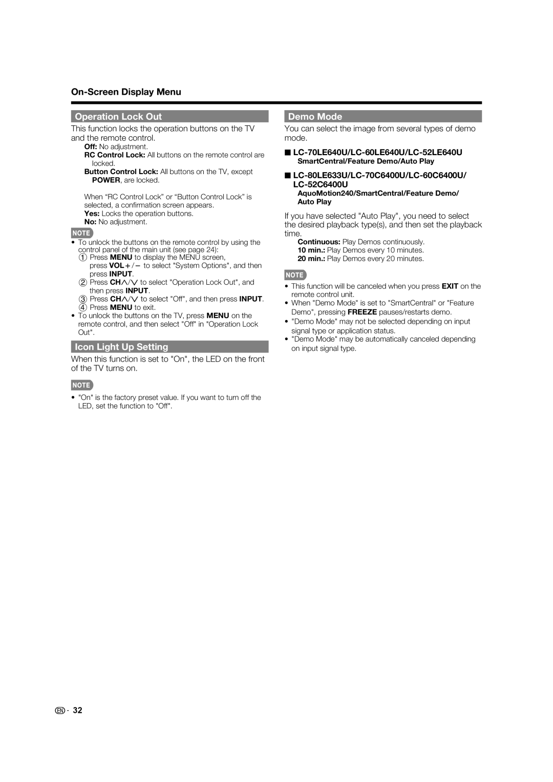 Sharp 52LE640U, LC-52C640U Operation Lock Out Demo Mode, Icon Light Up Setting, SmartCentral/Feature Demo/Auto Play 