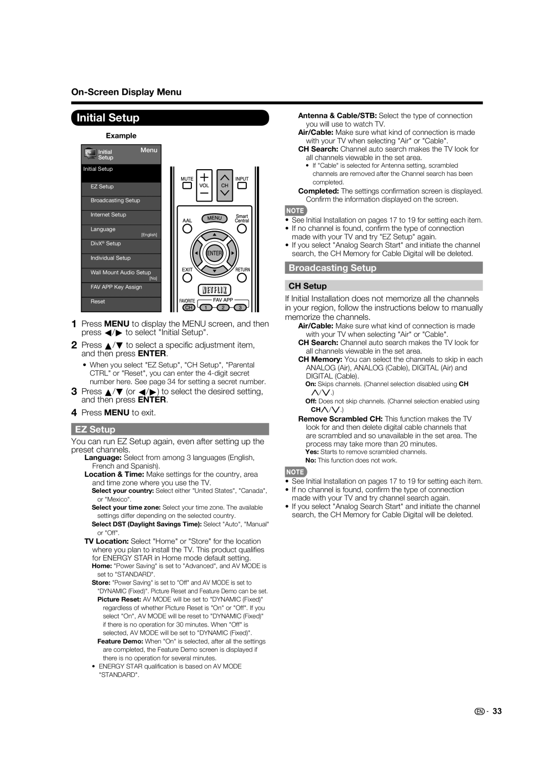 Sharp LC-52C640U, LC-60C640U, LC-70C640U, LC-80LE633U, 70LE640U Initial Setup, EZ Setup, Broadcasting Setup, CH Setup 