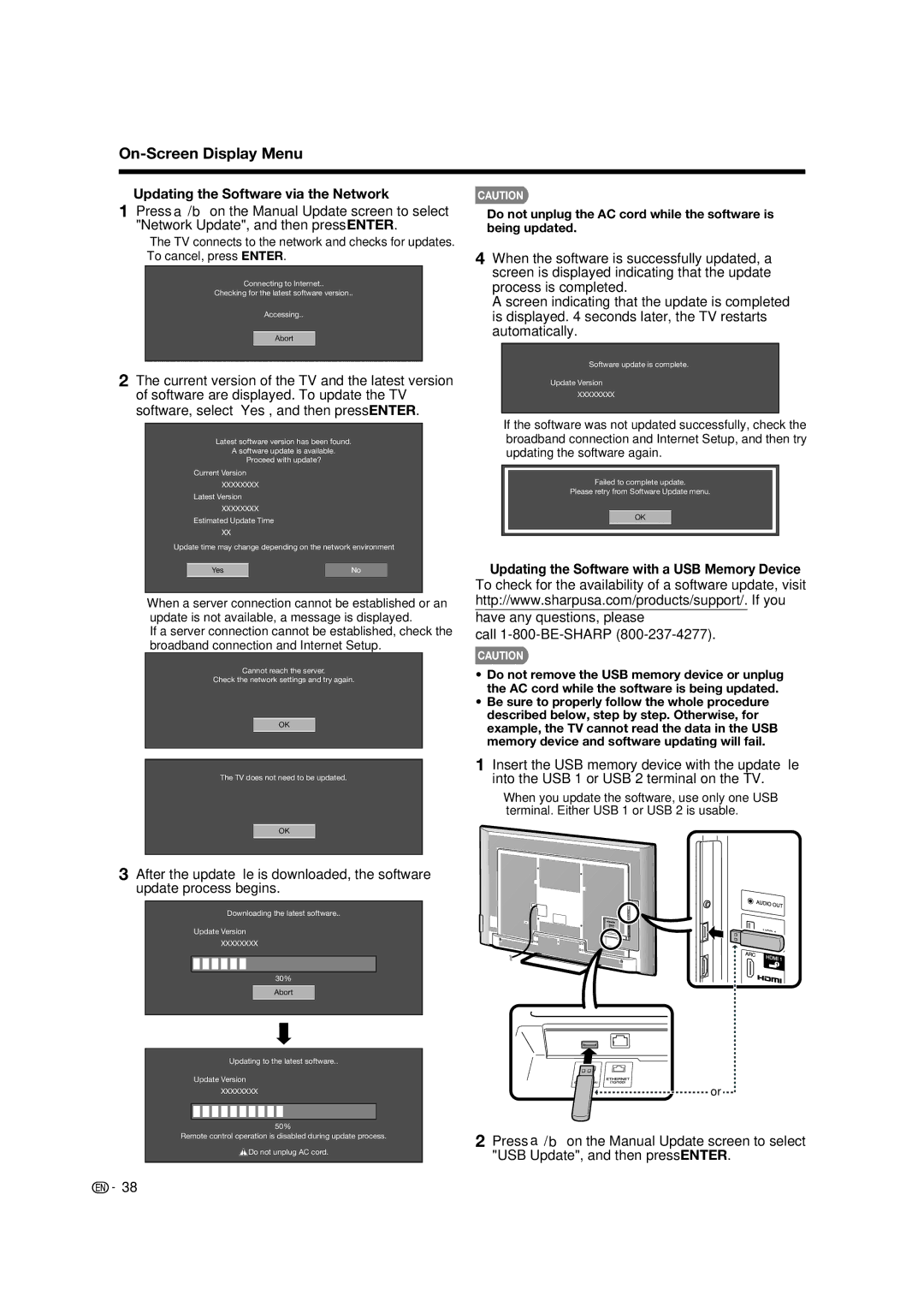 Sharp 60LE640U, LC-52C640U, LC-60C640U, LC-70C640U, LC-80LE633U, 70LE640U, 52LE640U operation manual On-Screen Display Menu 