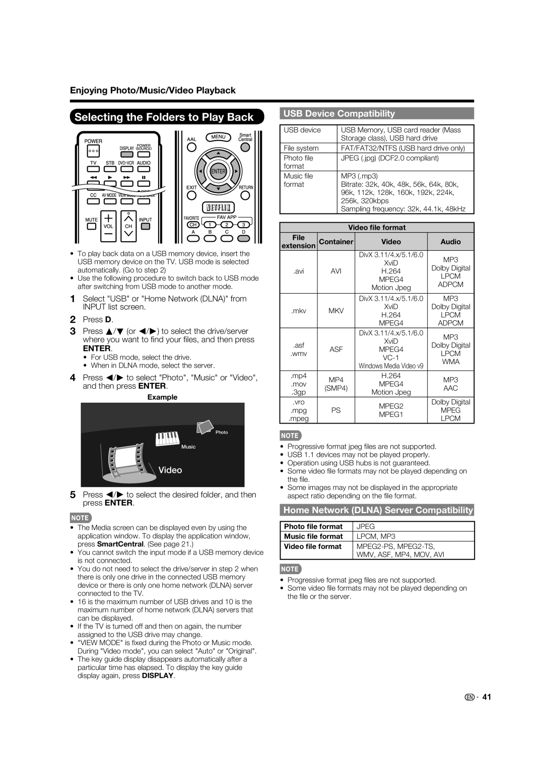 Sharp LC-60C640U Selecting the Folders to Play Back, Enjoying Photo/Music/Video Playback, USB Device Compatibility 