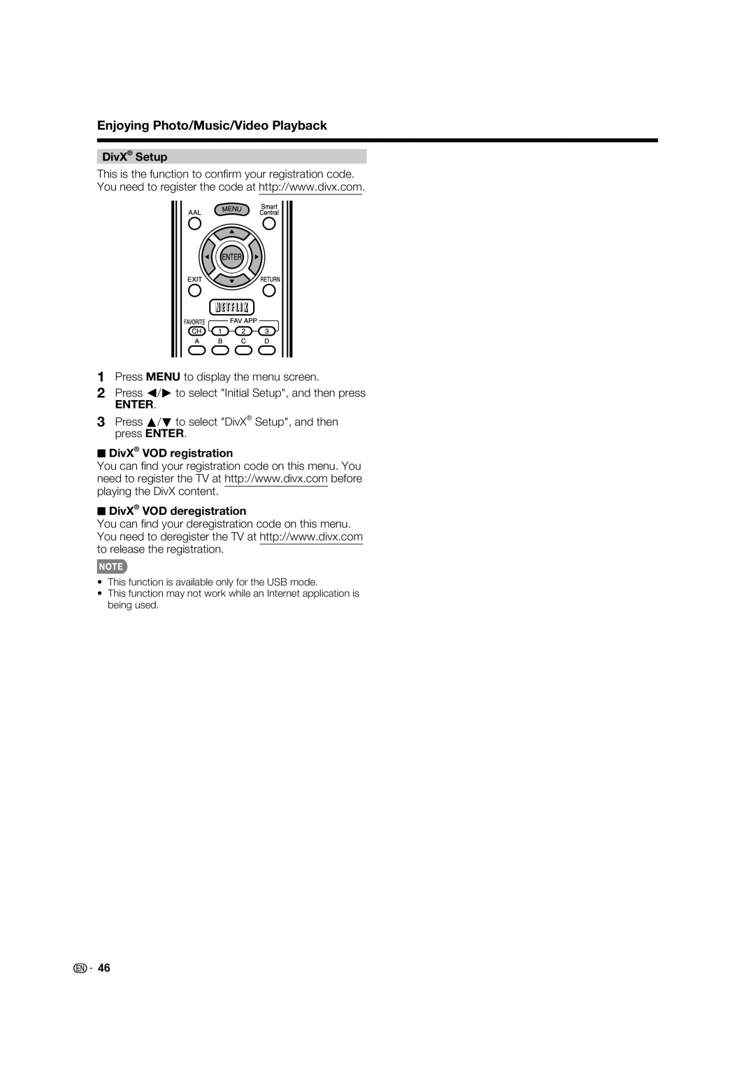 Sharp 52LE640U Press a/b to select DivX Setup, and then press Enter, DivX VOD registration DivX VOD deregistration 