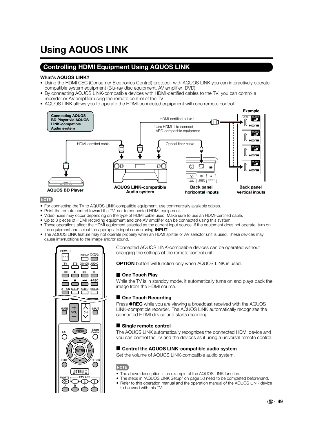 Sharp LC-70C640U, LC-52C640U, LC-60C640U, LC-80LE633U, 70LE640U, 60LE640U Controlling Hdmi Equipment Using Aquos Link 