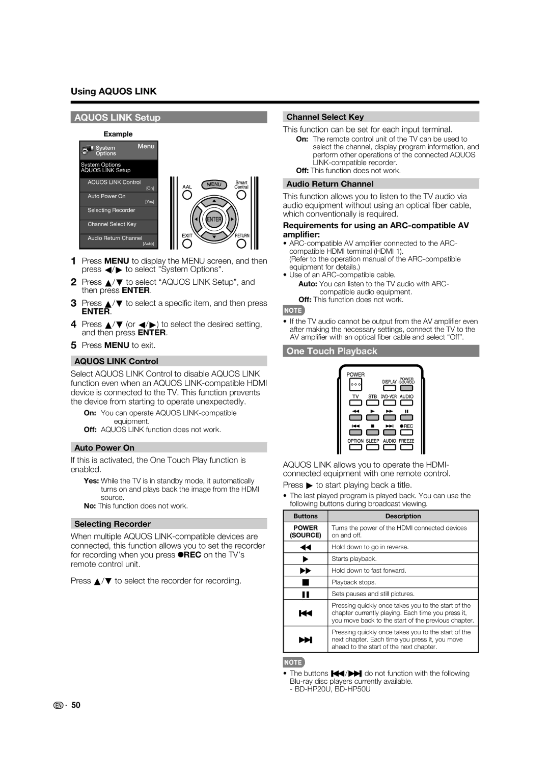 Sharp LC-80LE633U, LC-52C640U, LC-60C640U, LC-70C640U, 70LE640U Using Aquos Link, Aquos Link Setup, One Touch Playback 