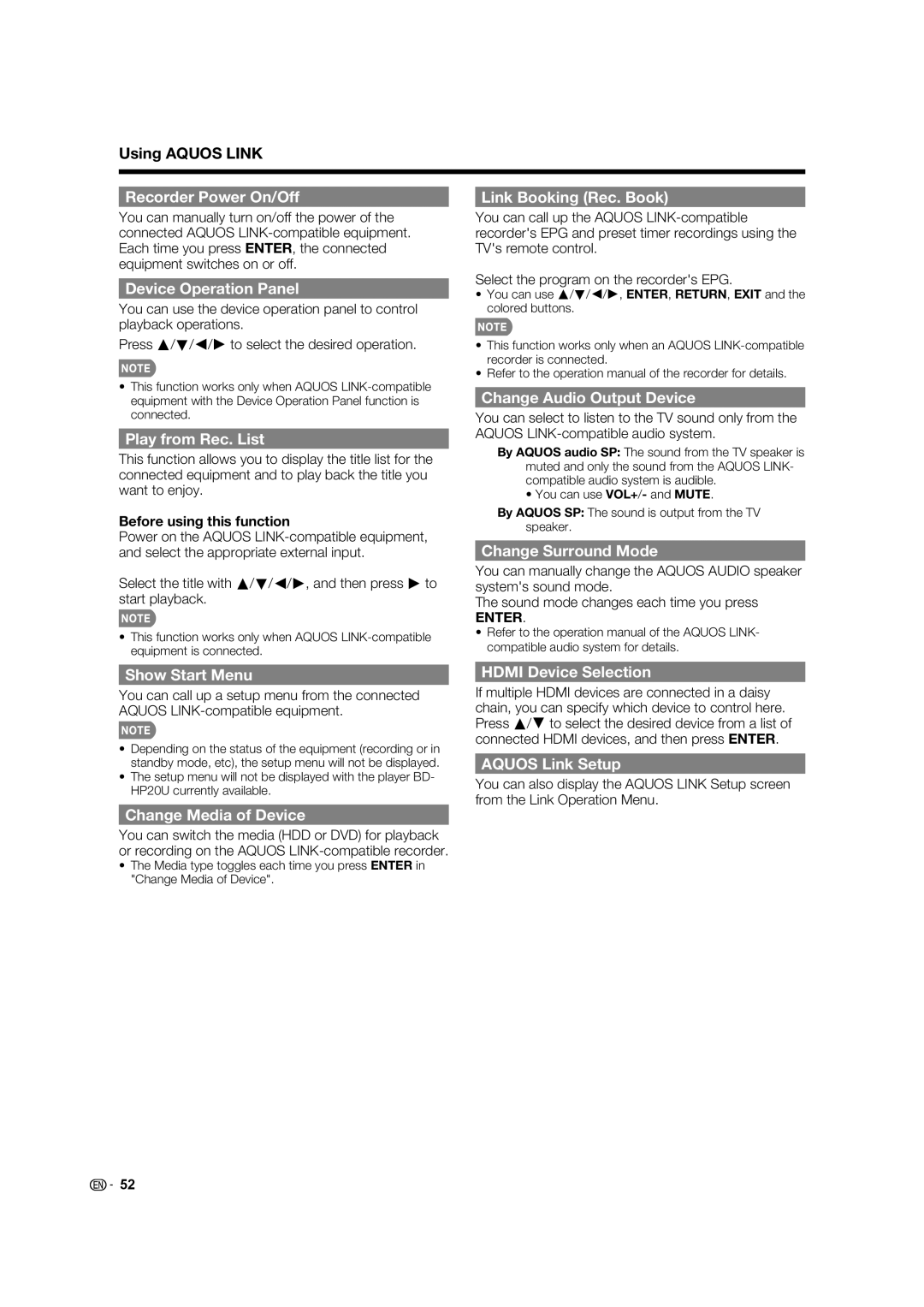 Sharp 60LE640U Recorder Power On/Off, Device Operation Panel, Link Booking Rec. Book, Play from Rec. List, Show Start Menu 