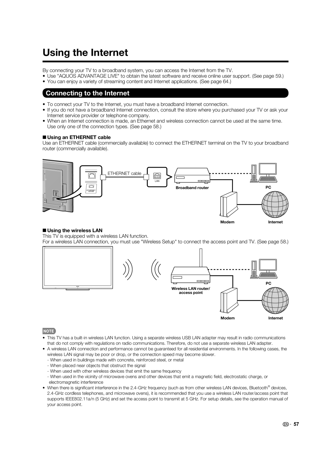 Sharp LC-80LE633U Using the Internet, Connecting to the Internet, +Using an Ethernet cable, +Using the wireless LAN 