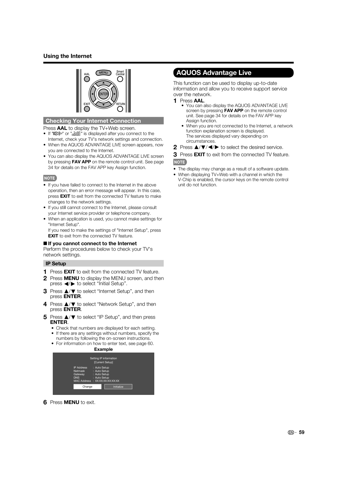 Sharp 60LE640U Aquos Advantage Live, Checking Your Internet Connection, Press AAL to display the TV+Web screen, IP Setup 