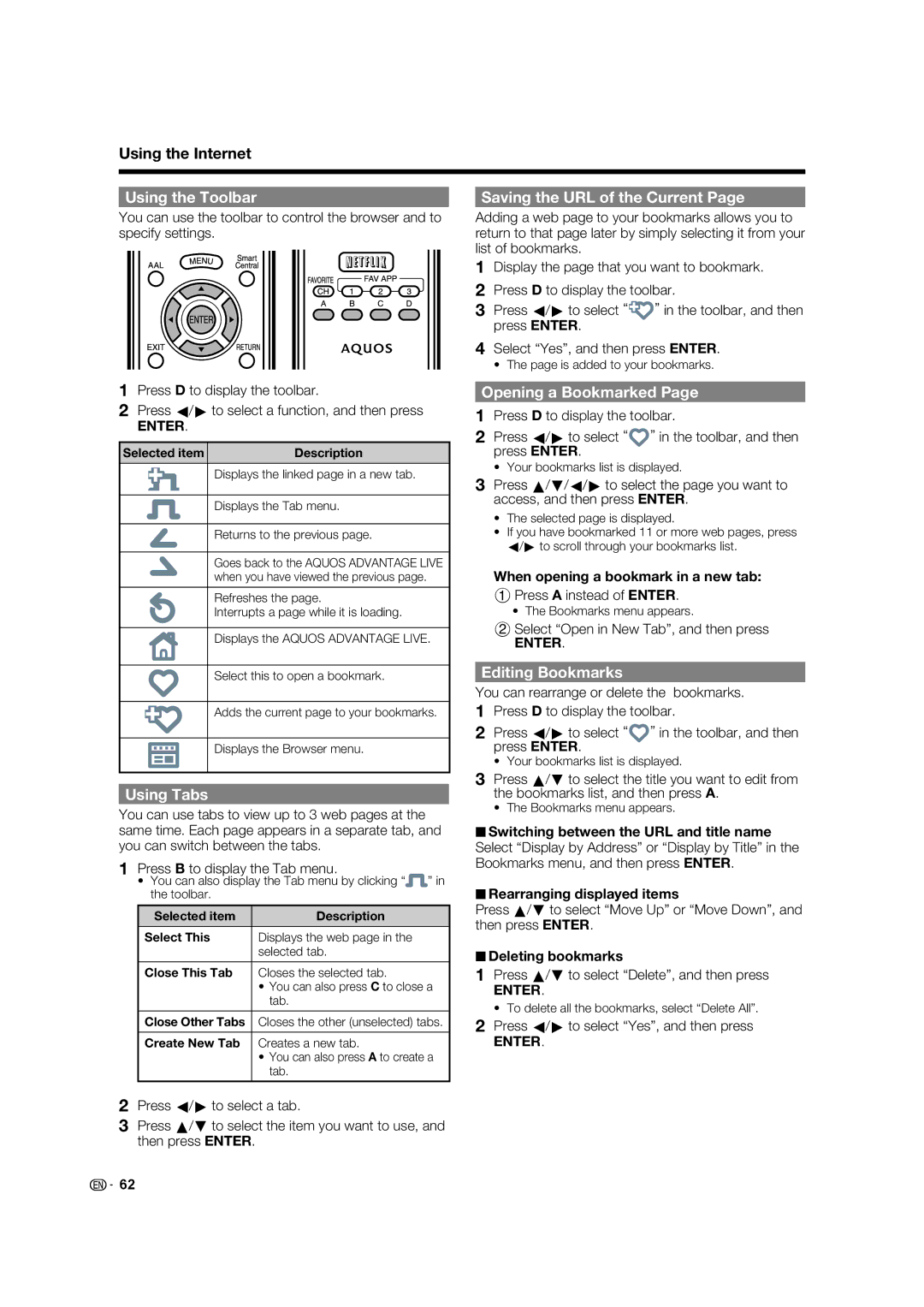 Sharp LC-60C640U Using the Toolbar Saving the URL of the Current, Using Tabs, Opening a Bookmarked, Editing Bookmarks 